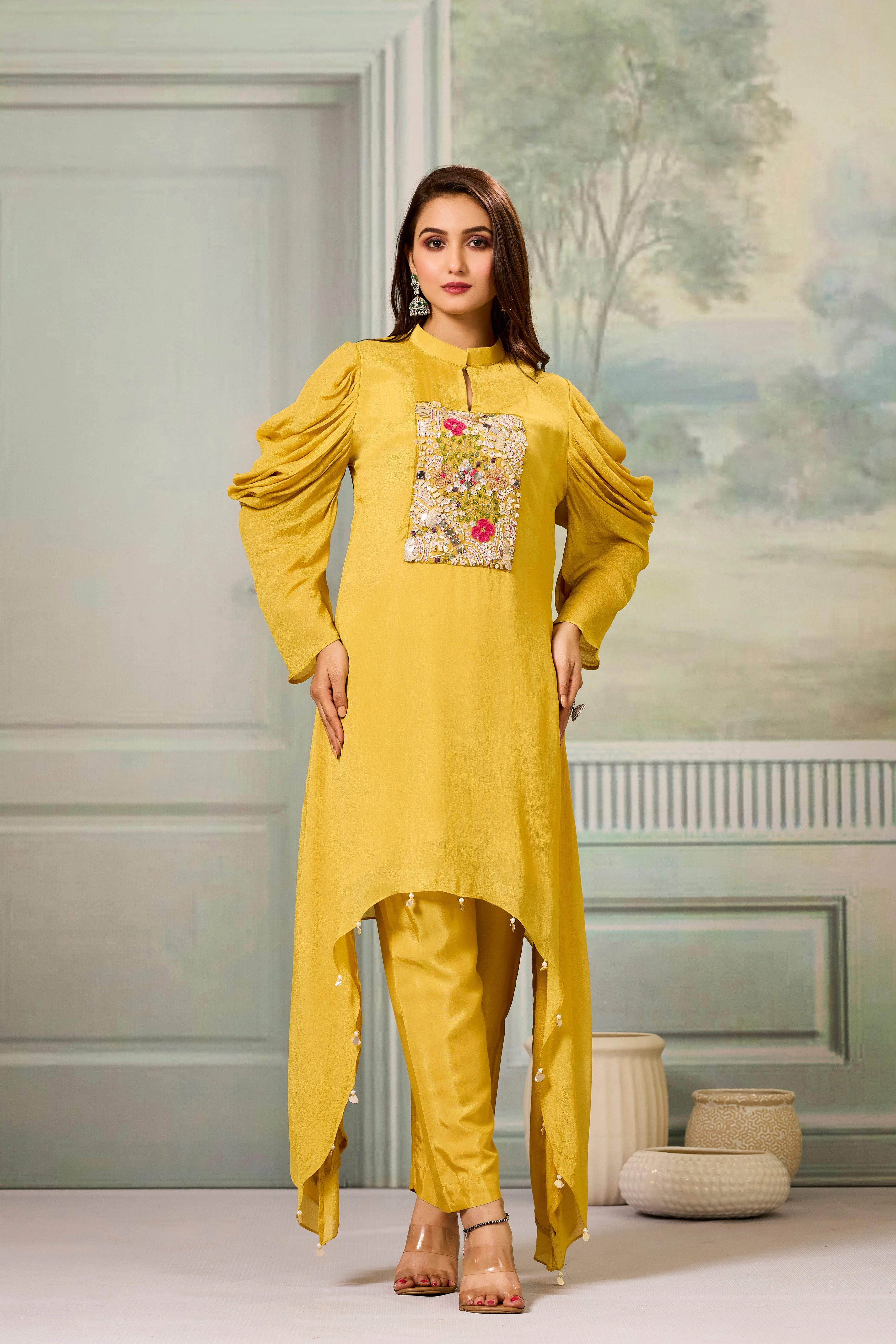 Yellow Handwork Chinon Silk Kurta Pants Set - Image 5