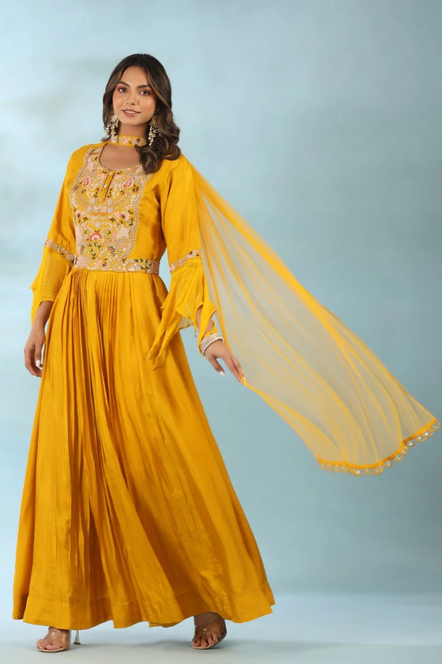 Yellow Modal Silk Anarkali with Dupatta - Image 3