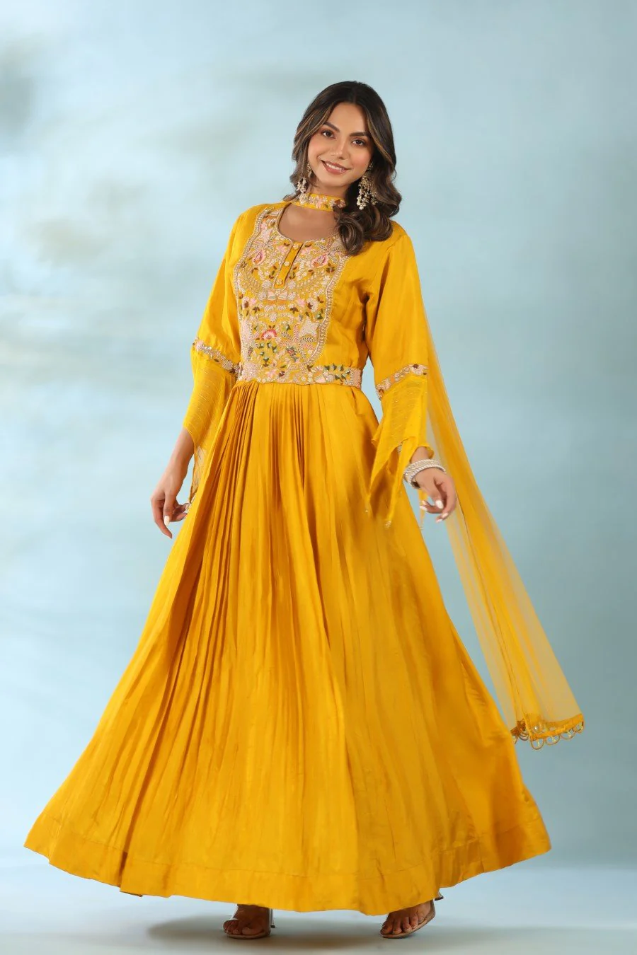Yellow Modal Silk Anarkali with Dupatta - Image 4