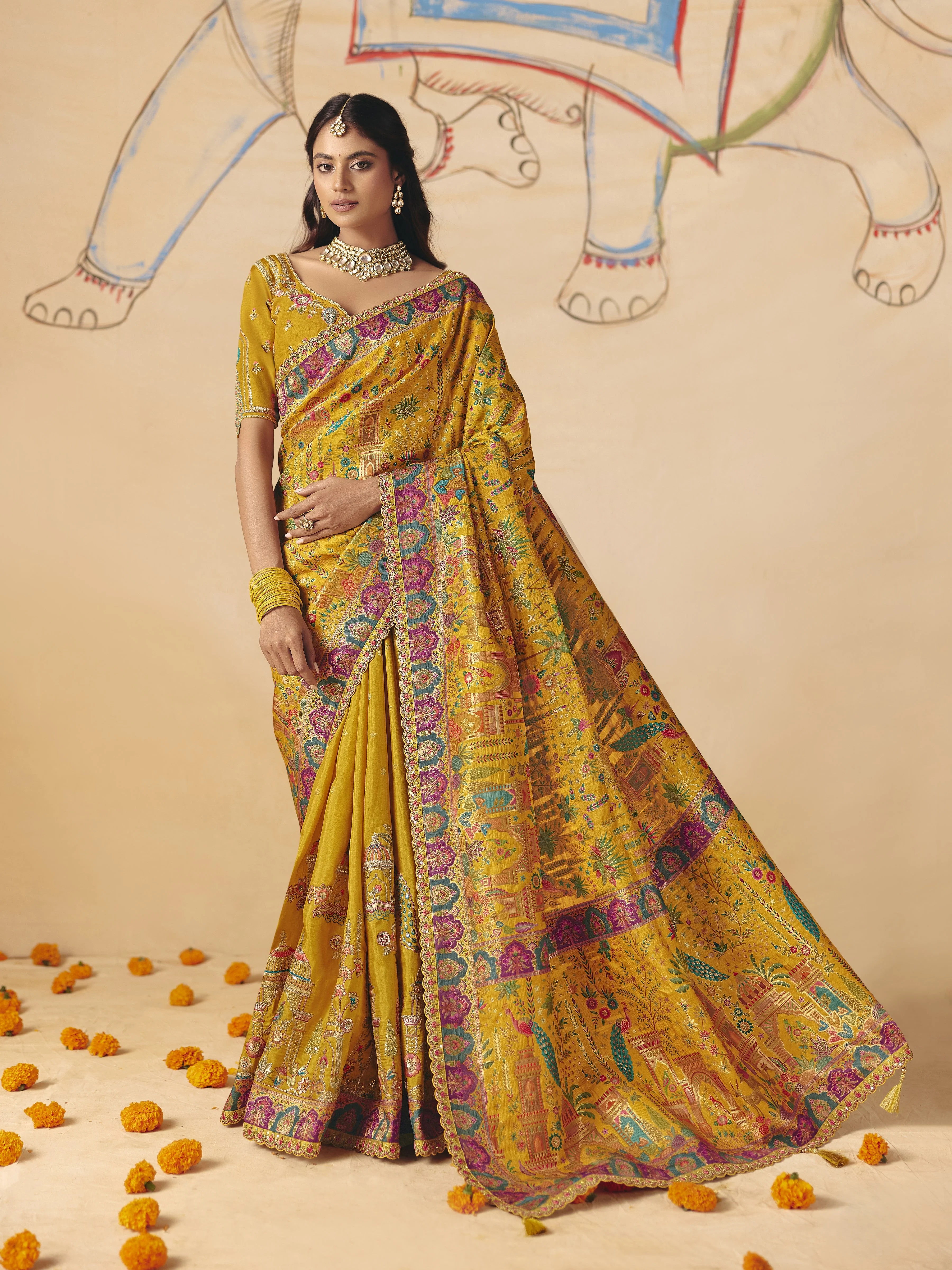 Yellow Ochre Embellished Dola Silk Saree