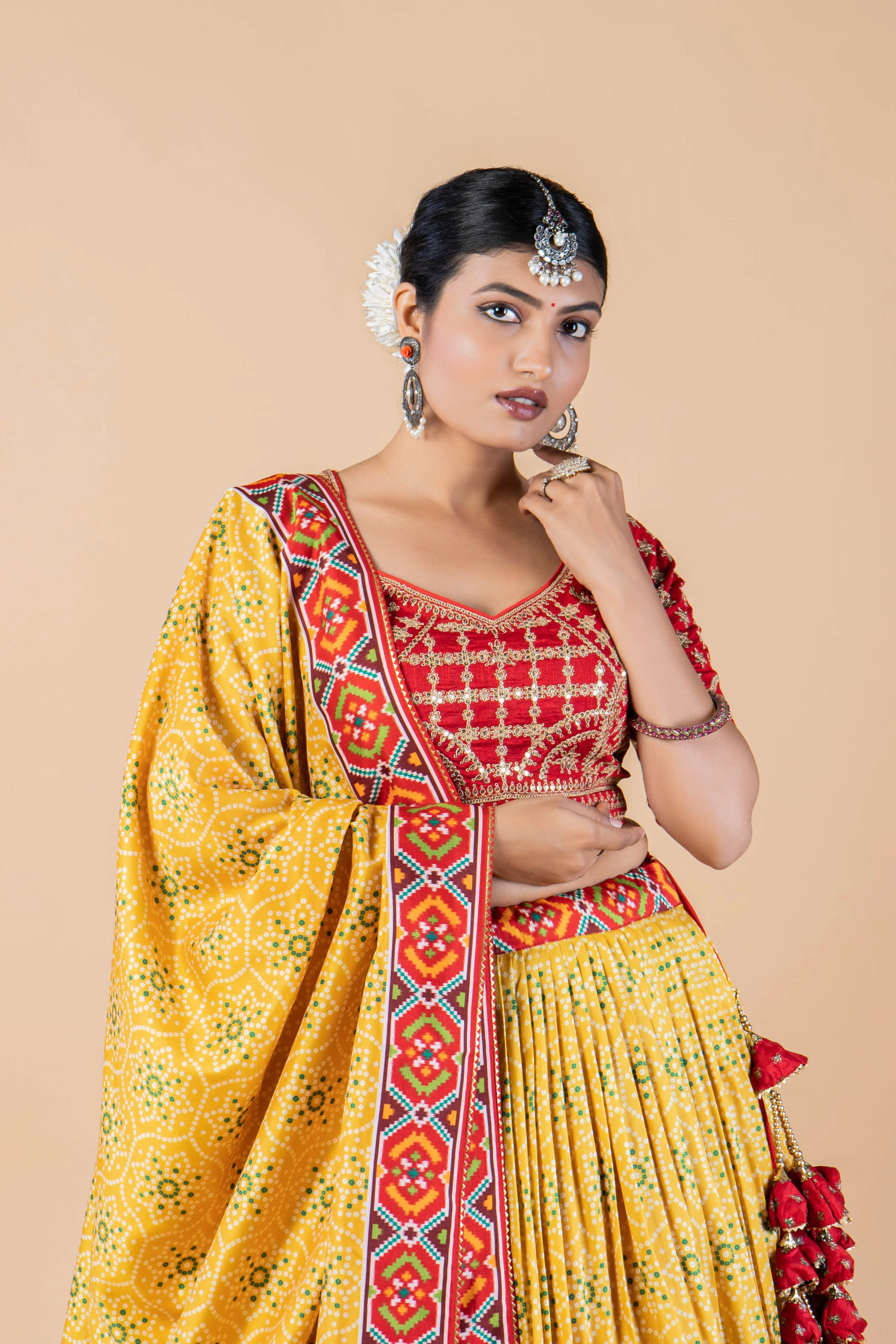 Yellow Printed Brocade Silk Lehenga Set - Image 2