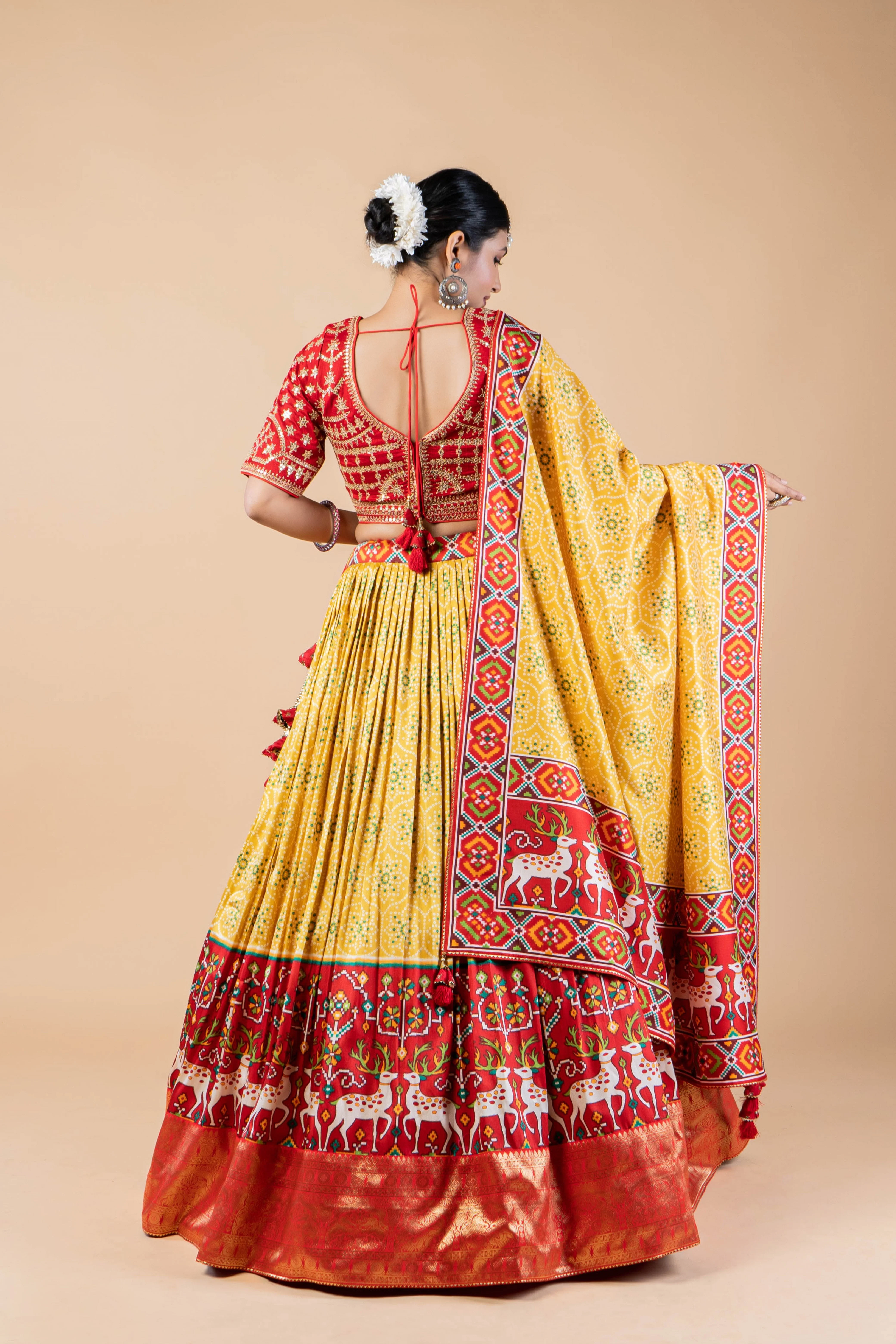 Yellow Printed Brocade Silk Lehenga Set - Image 3