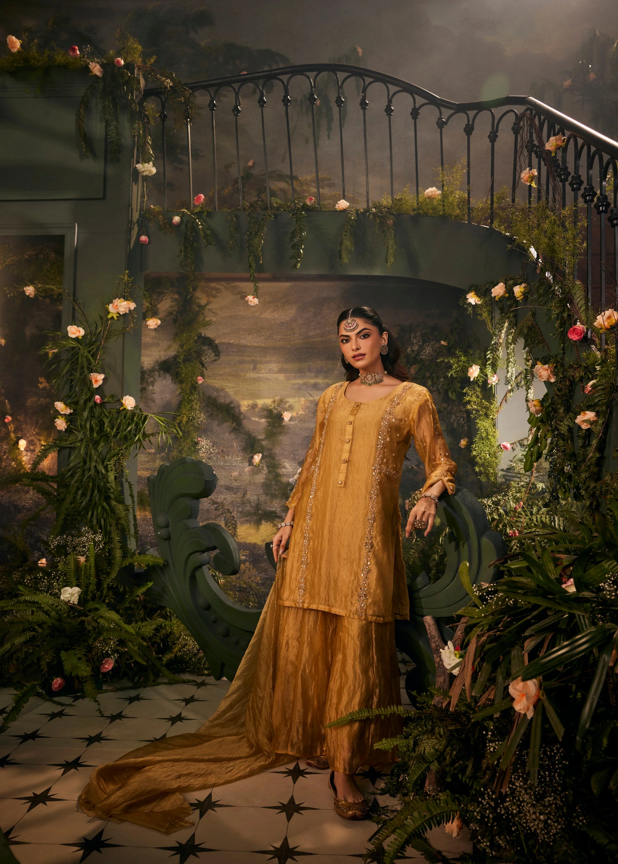 Meher Gold Embellished Shimmer Tissue Silk Palazzo Set