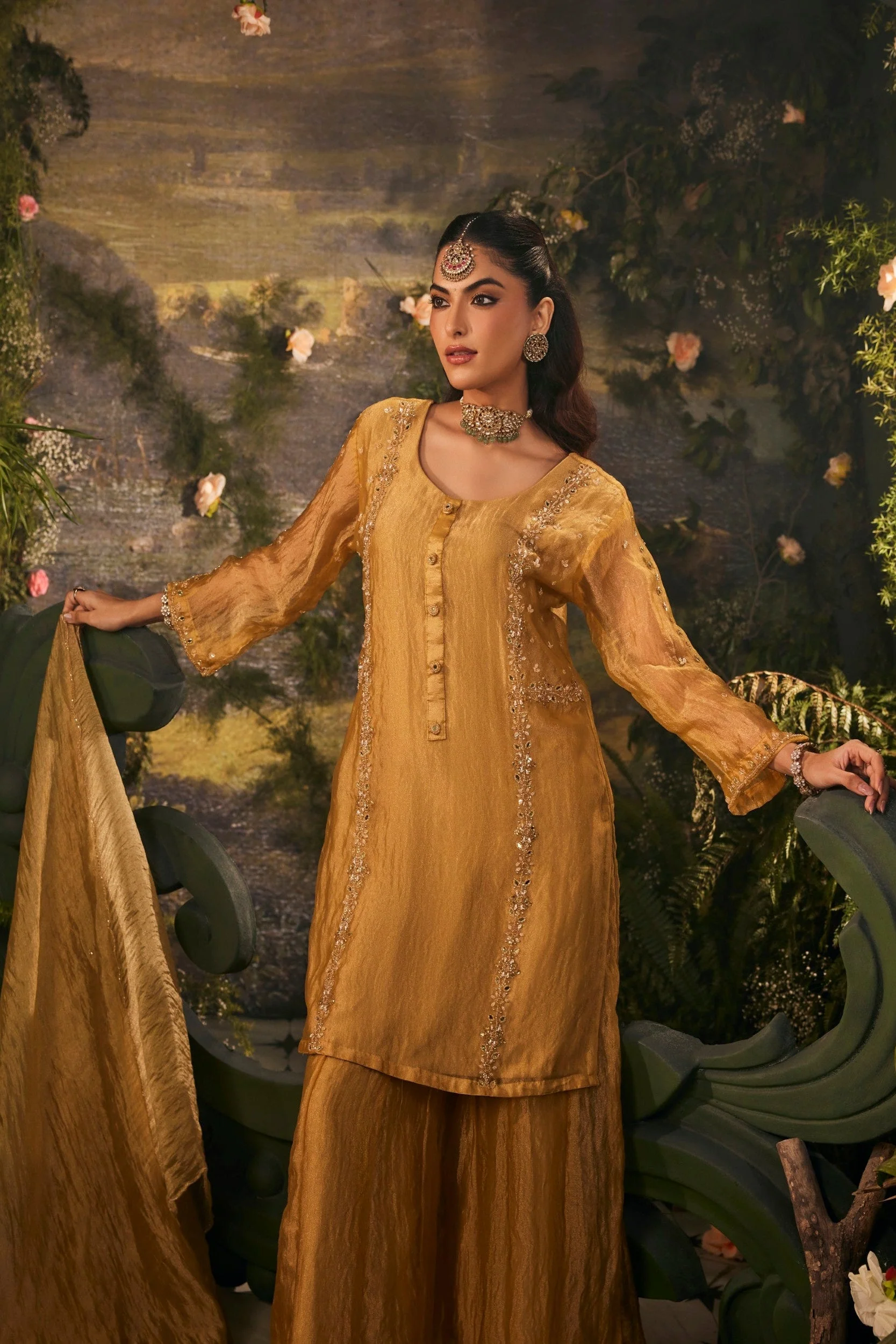 Meher Gold Embellished Shimmer Tissue Silk Palazzo Set - Image 2