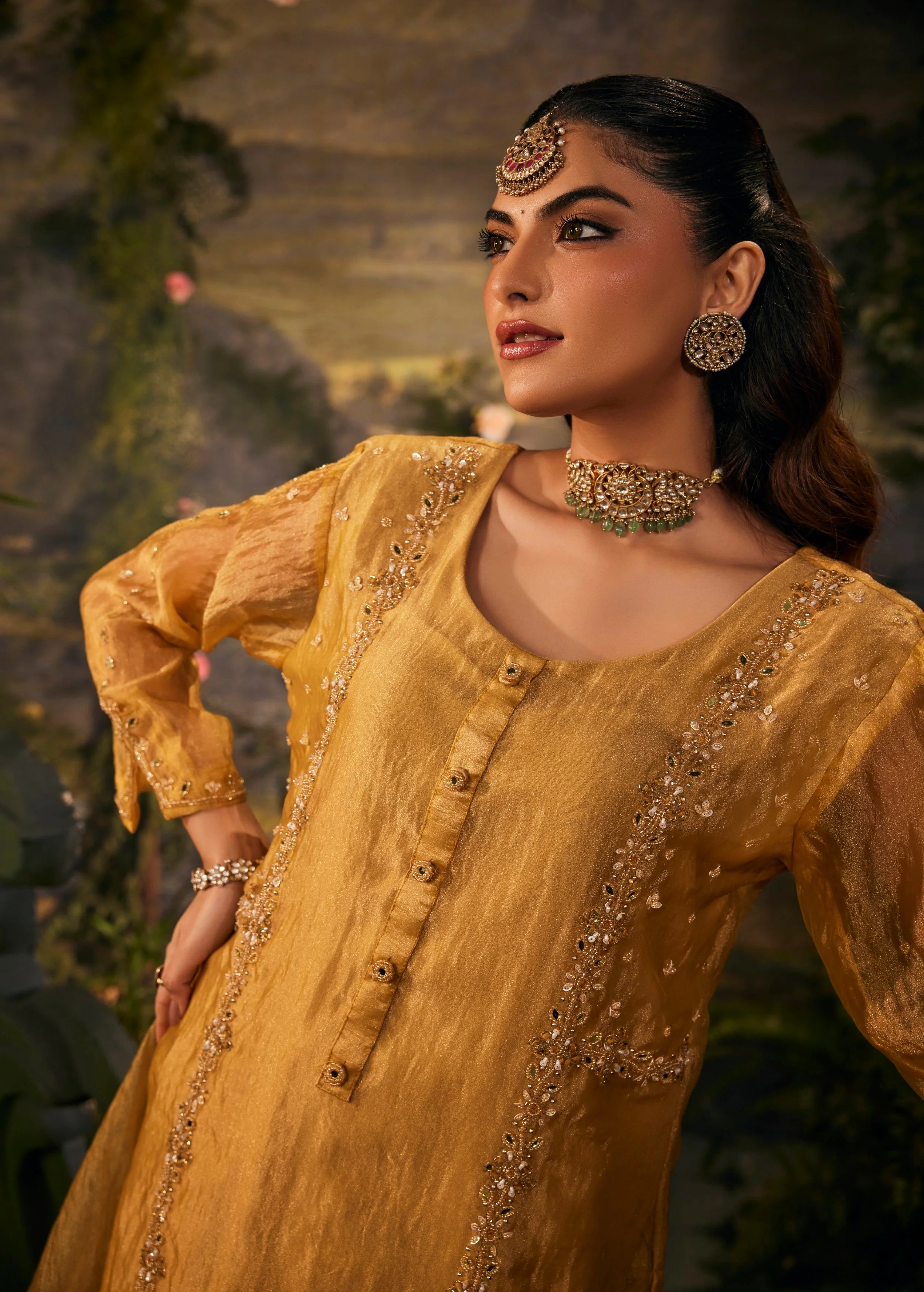Meher Gold Embellished Shimmer Tissue Silk Palazzo Set - Image 3