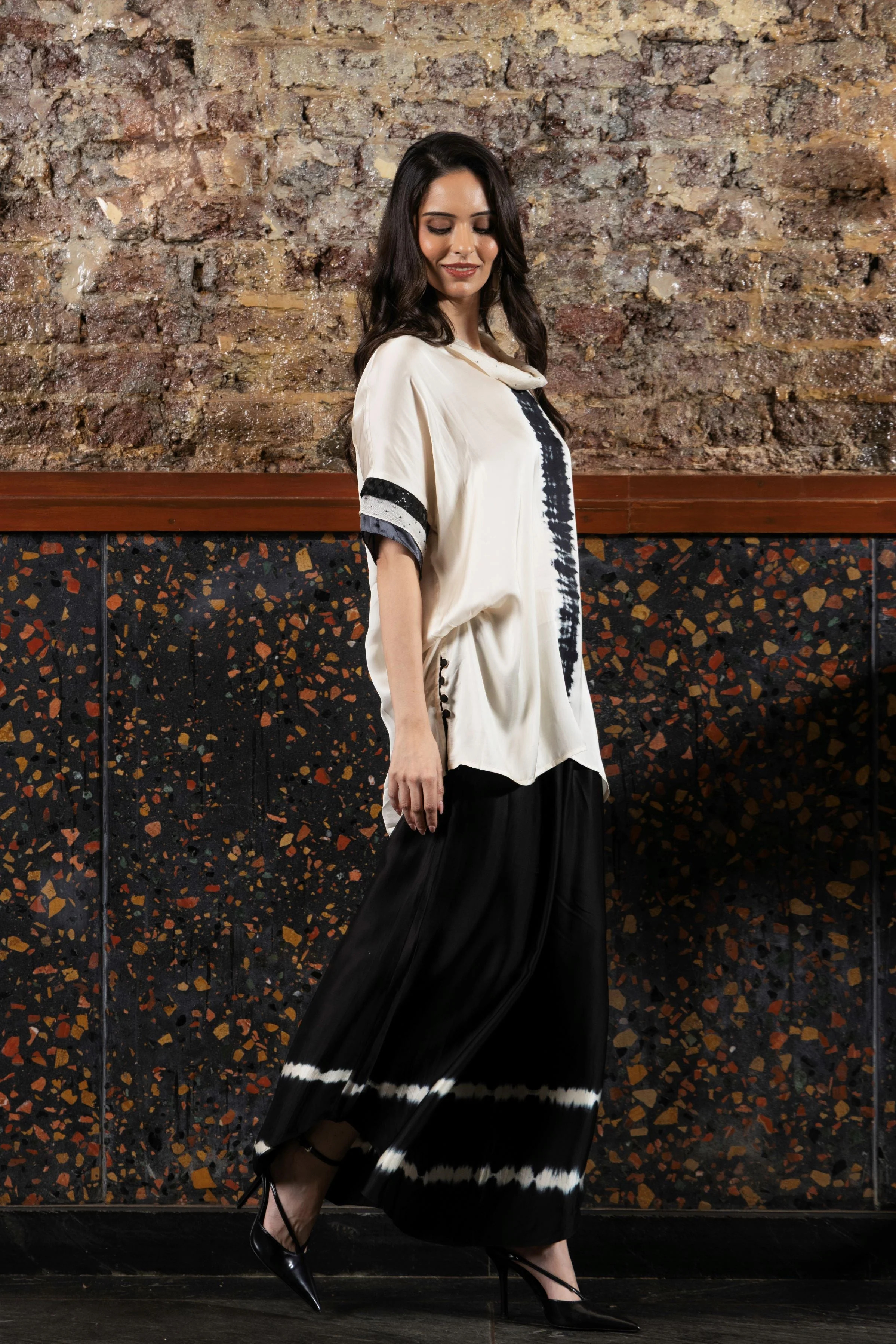 Black And White Satin Silk Tie-Dye Co-Ord Set - Image 3