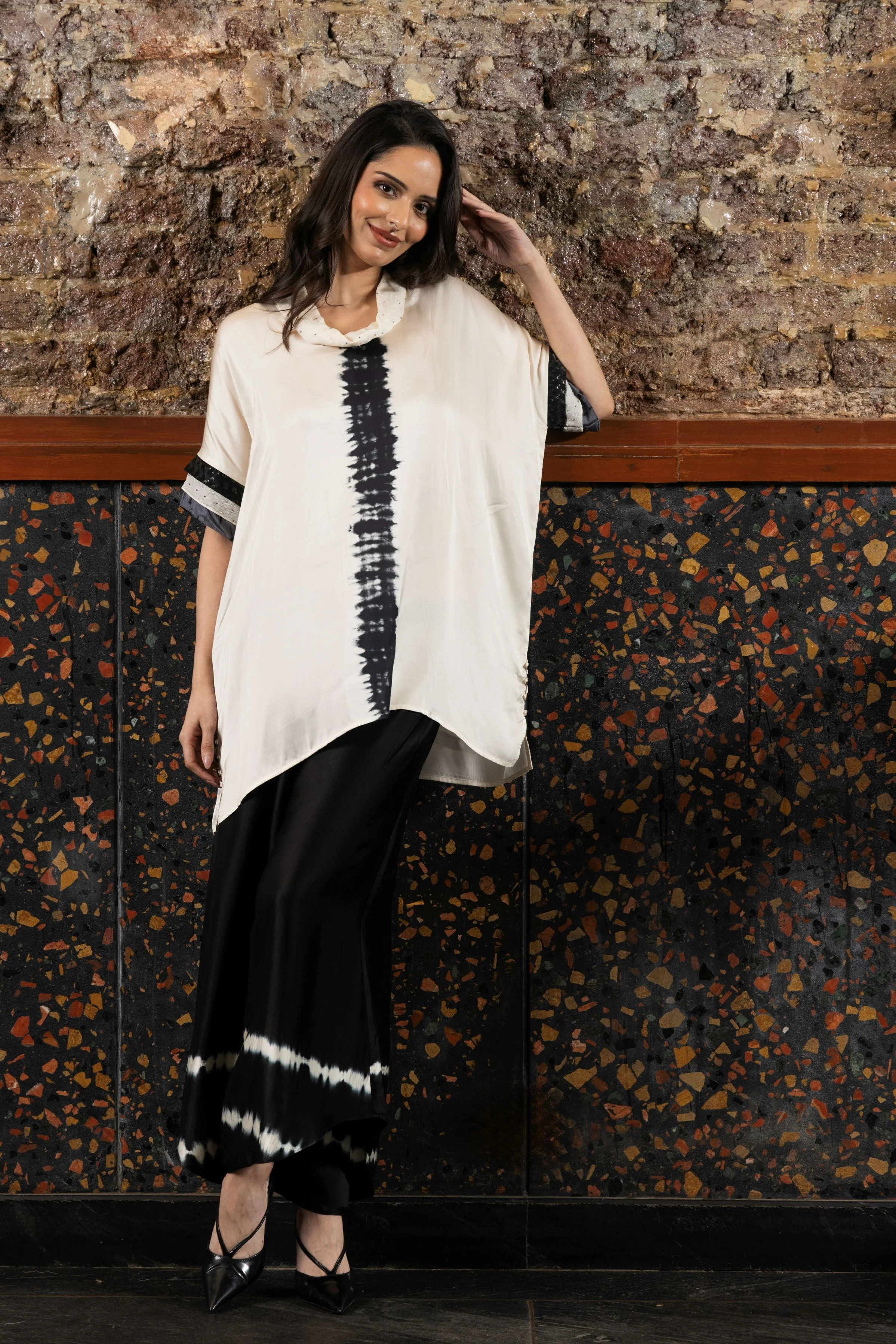 Black And White Satin Silk Tie-Dye Co-Ord Set - Image 4