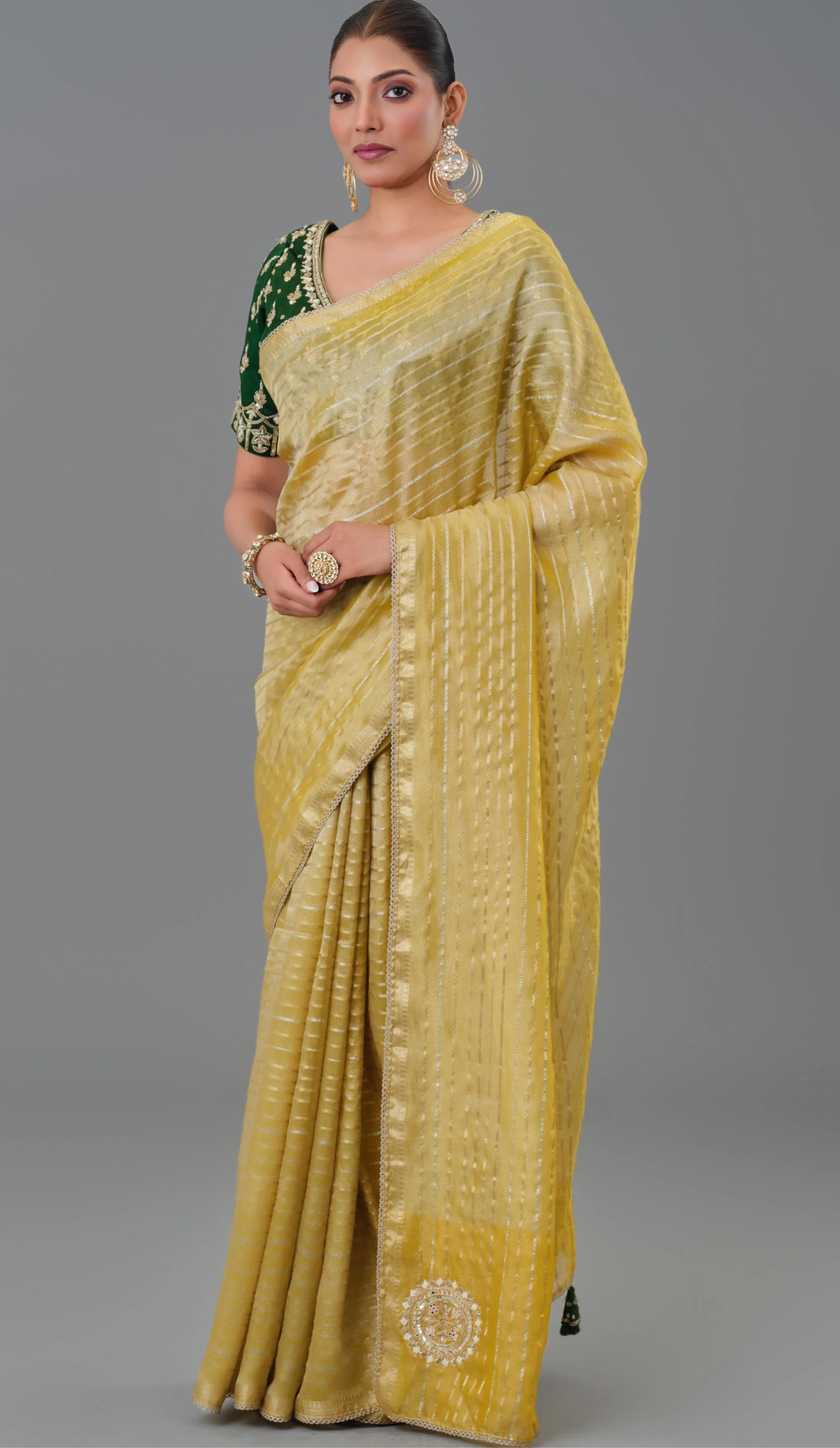 Daisy Yellow Tissue Silk Saree - Image 4