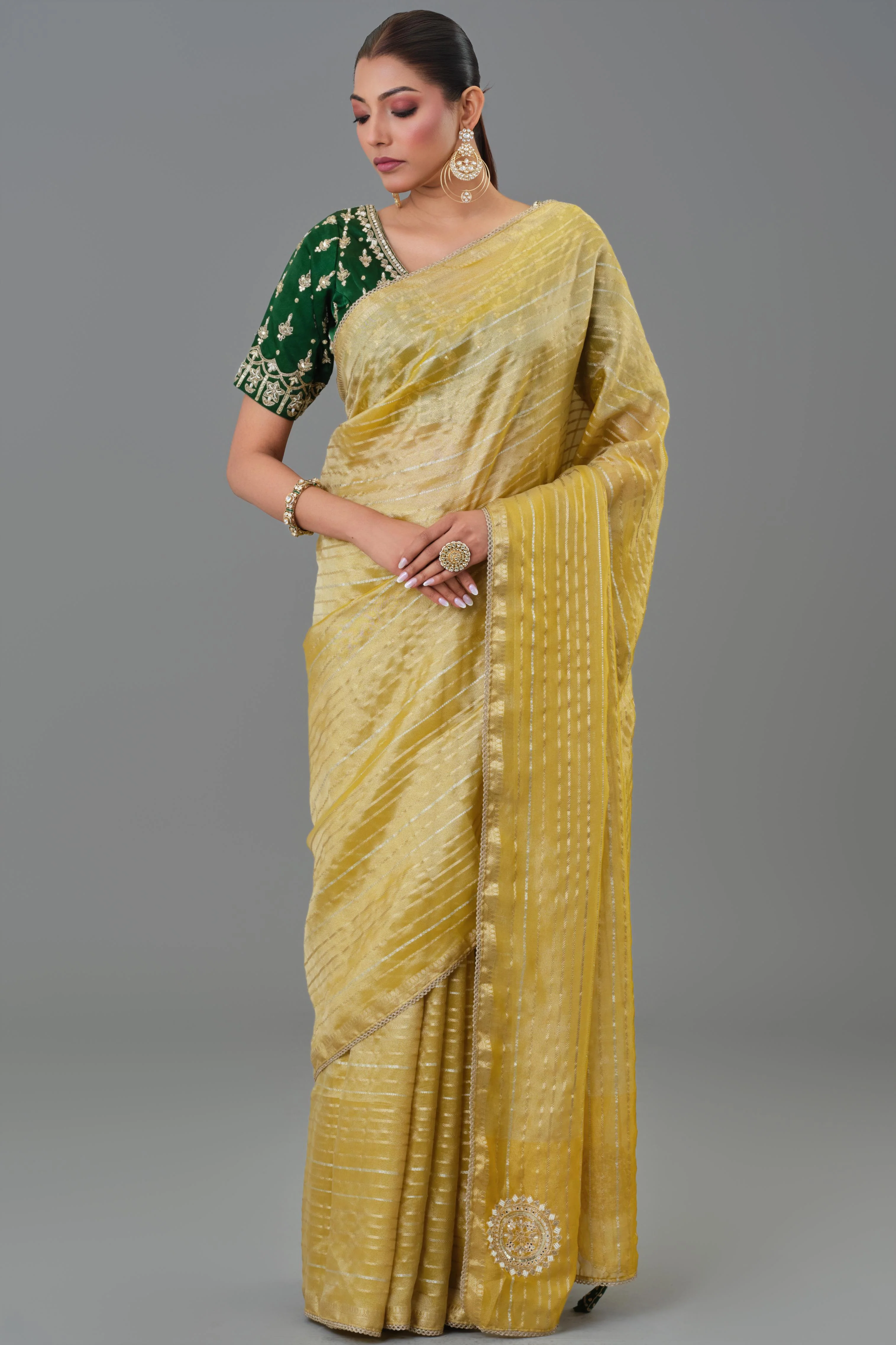 Daisy Yellow Tissue Silk Saree - Image 5