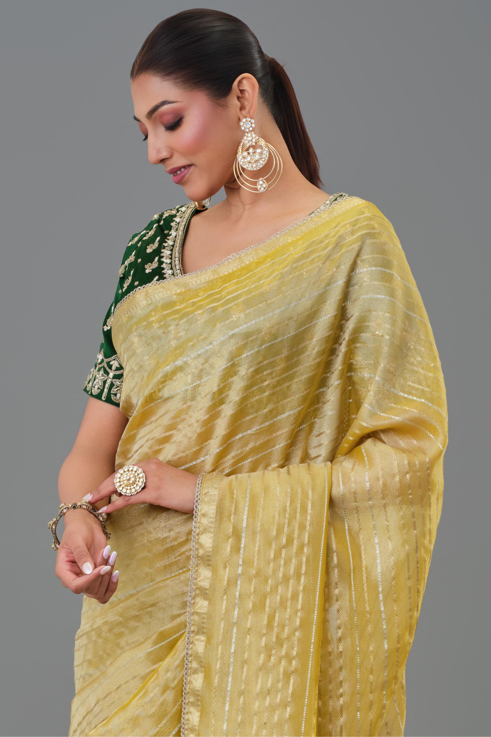 Daisy Yellow Tissue Silk Saree - Image 6