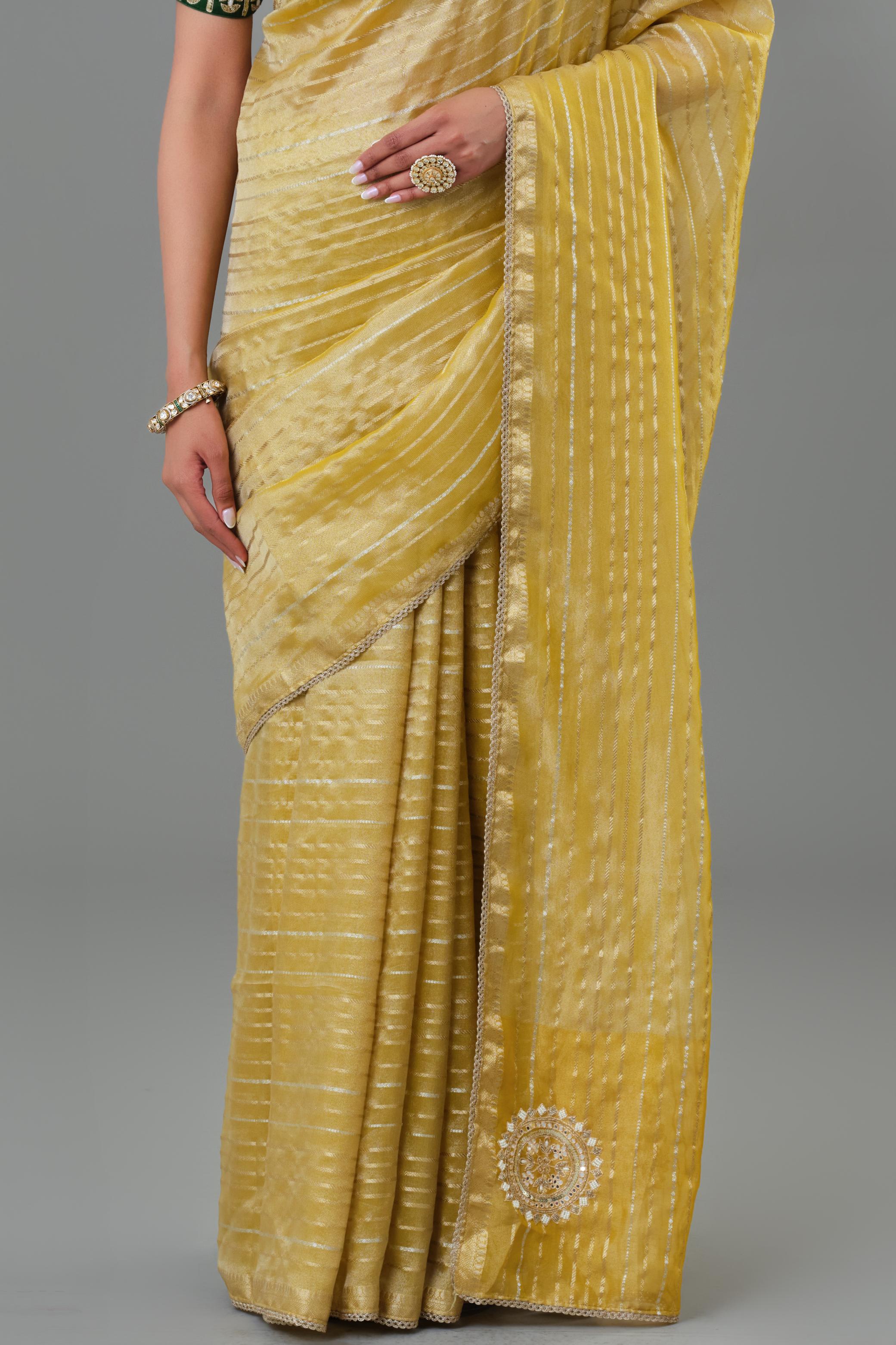 Daisy Yellow Tissue Silk Saree - Image 7