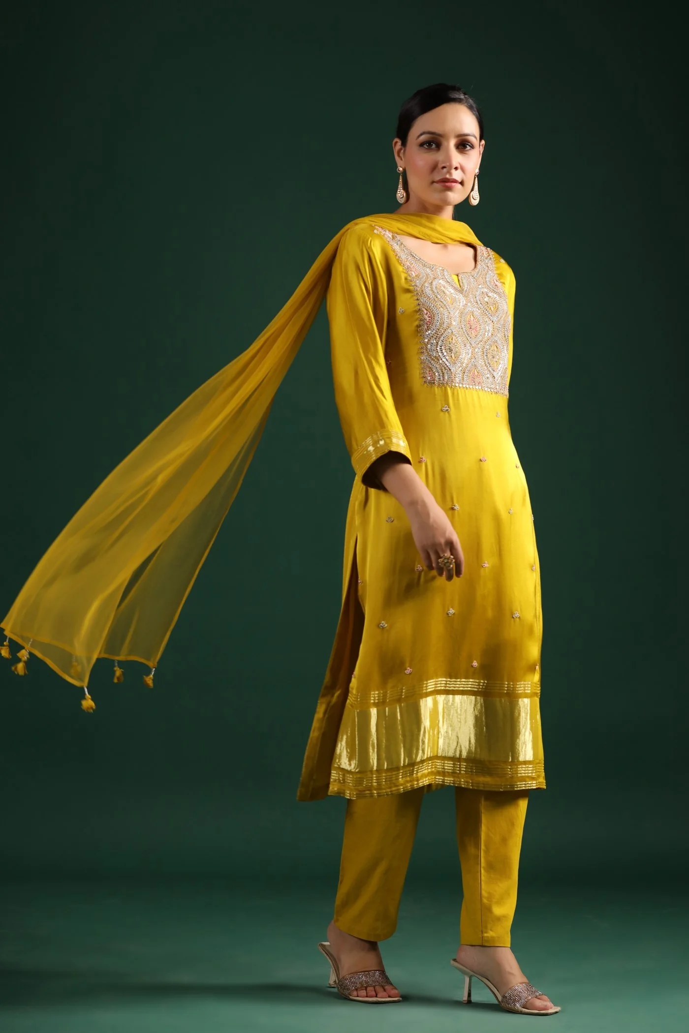 Yellow Zari Embroidered Gajji Silk Kurta Set - Image 3
