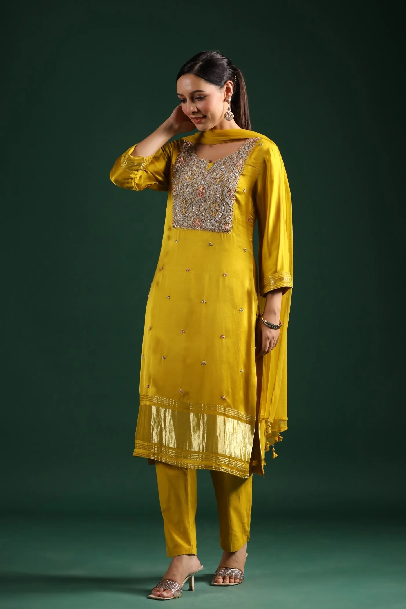 Yellow Zari Embroidered Gajji Silk Kurta Set - Image 4