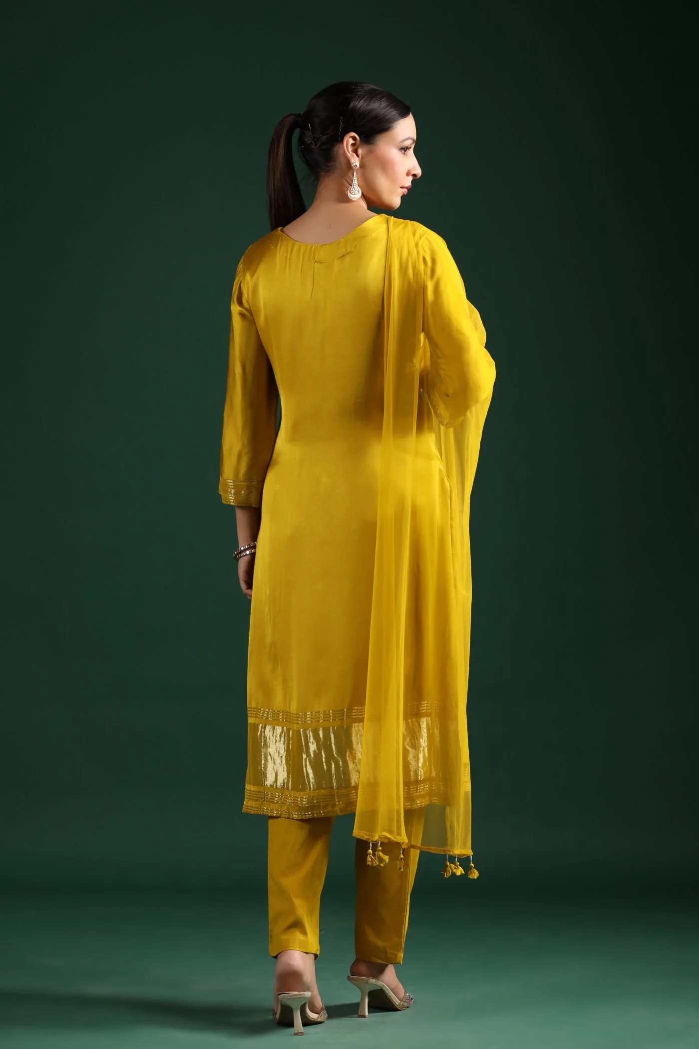 Yellow Zari Embroidered Gajji Silk Kurta Set - Image 6