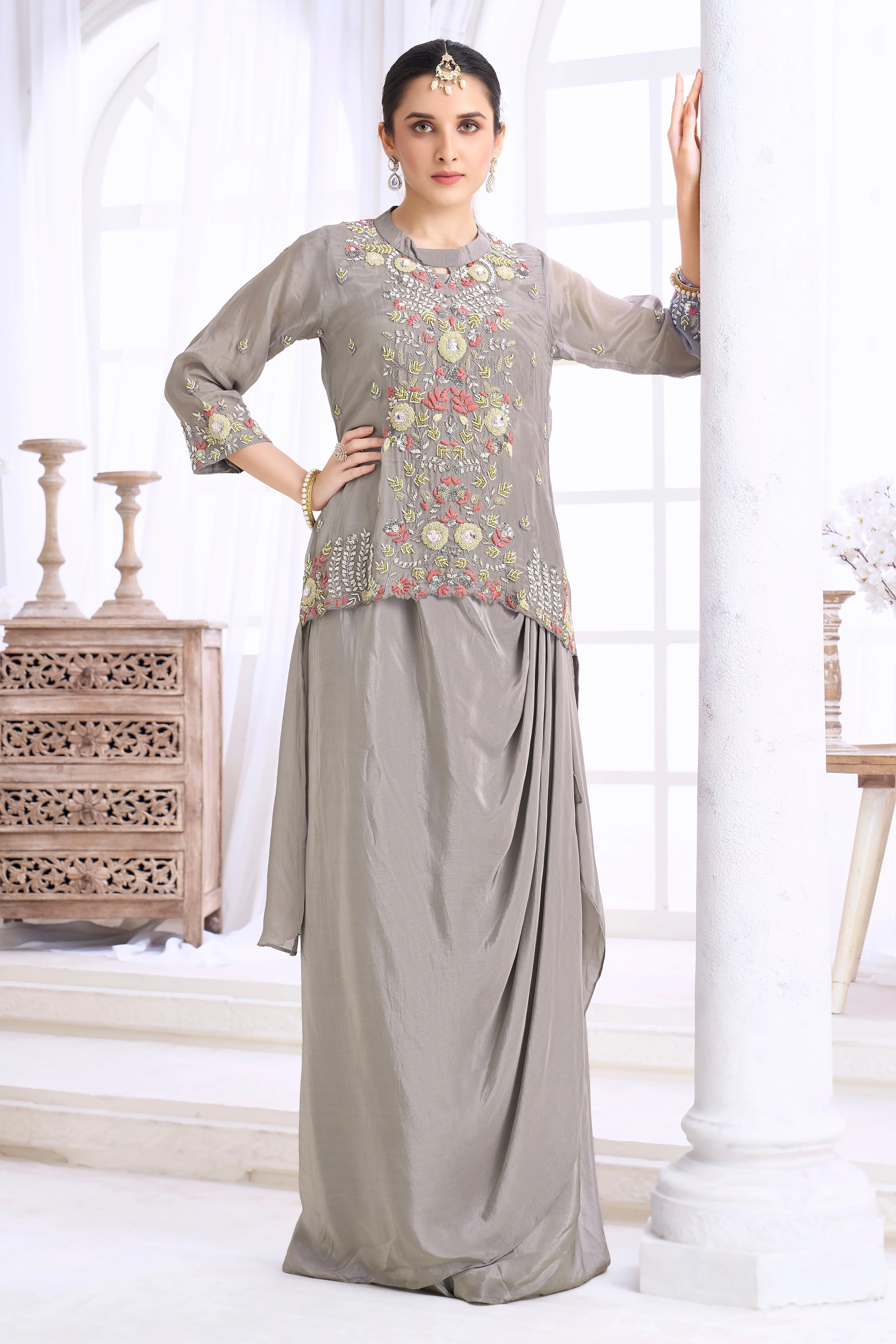 Stone Grey Embellished Crepe Silk Skirt Set