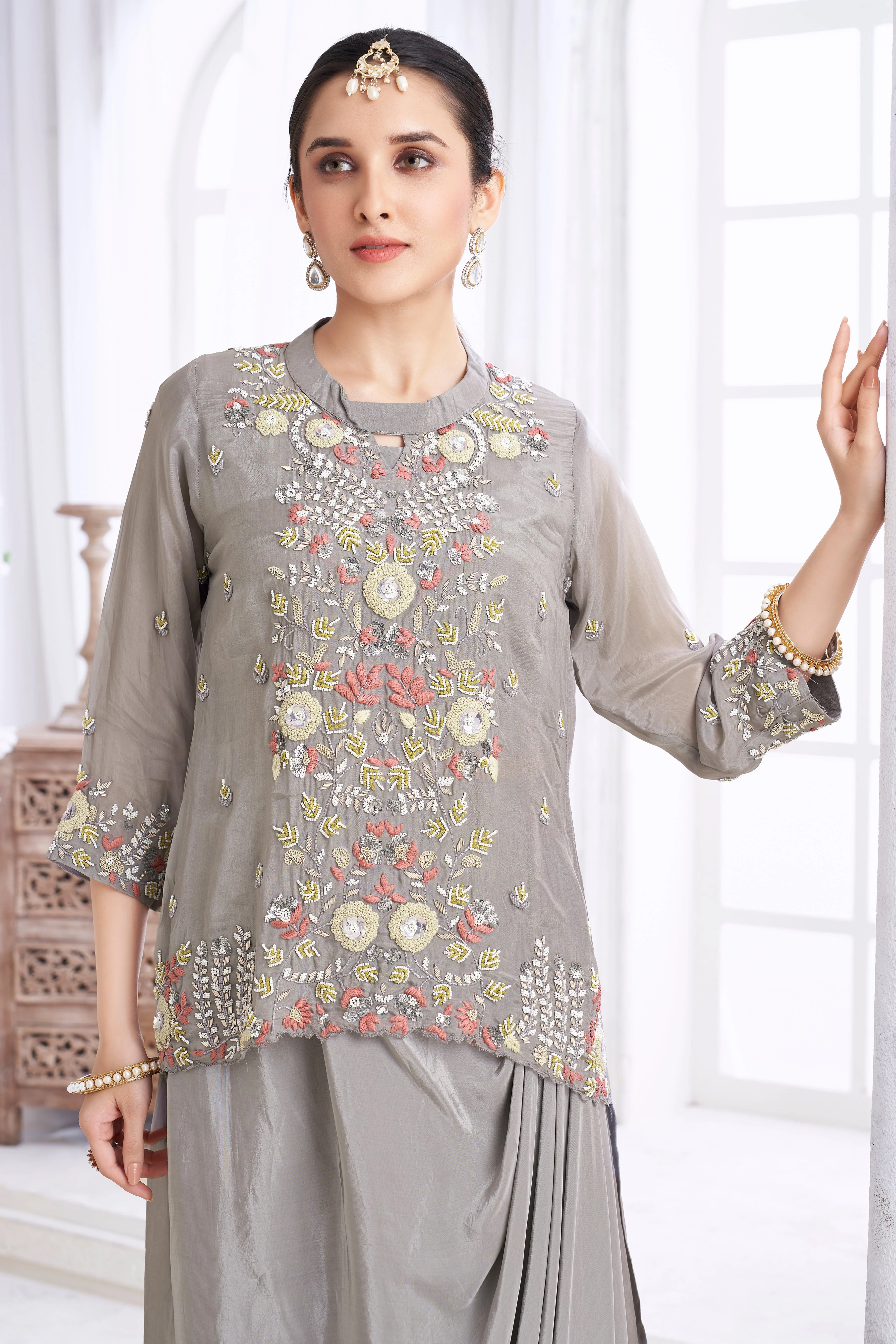 Stone Grey Embellished Crepe Silk Skirt Set - Image 2