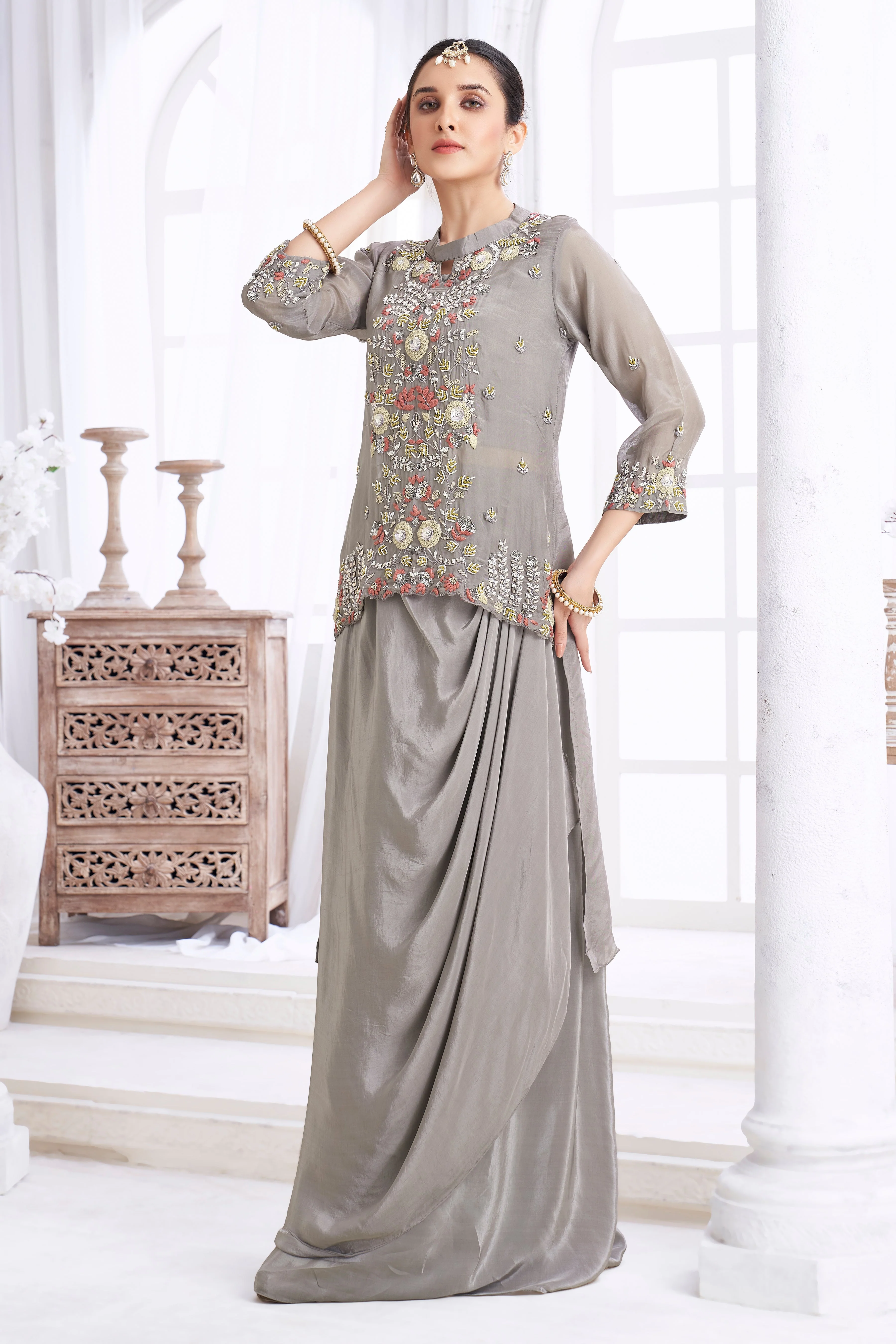 Stone Grey Embellished Crepe Silk Skirt Set - Image 3