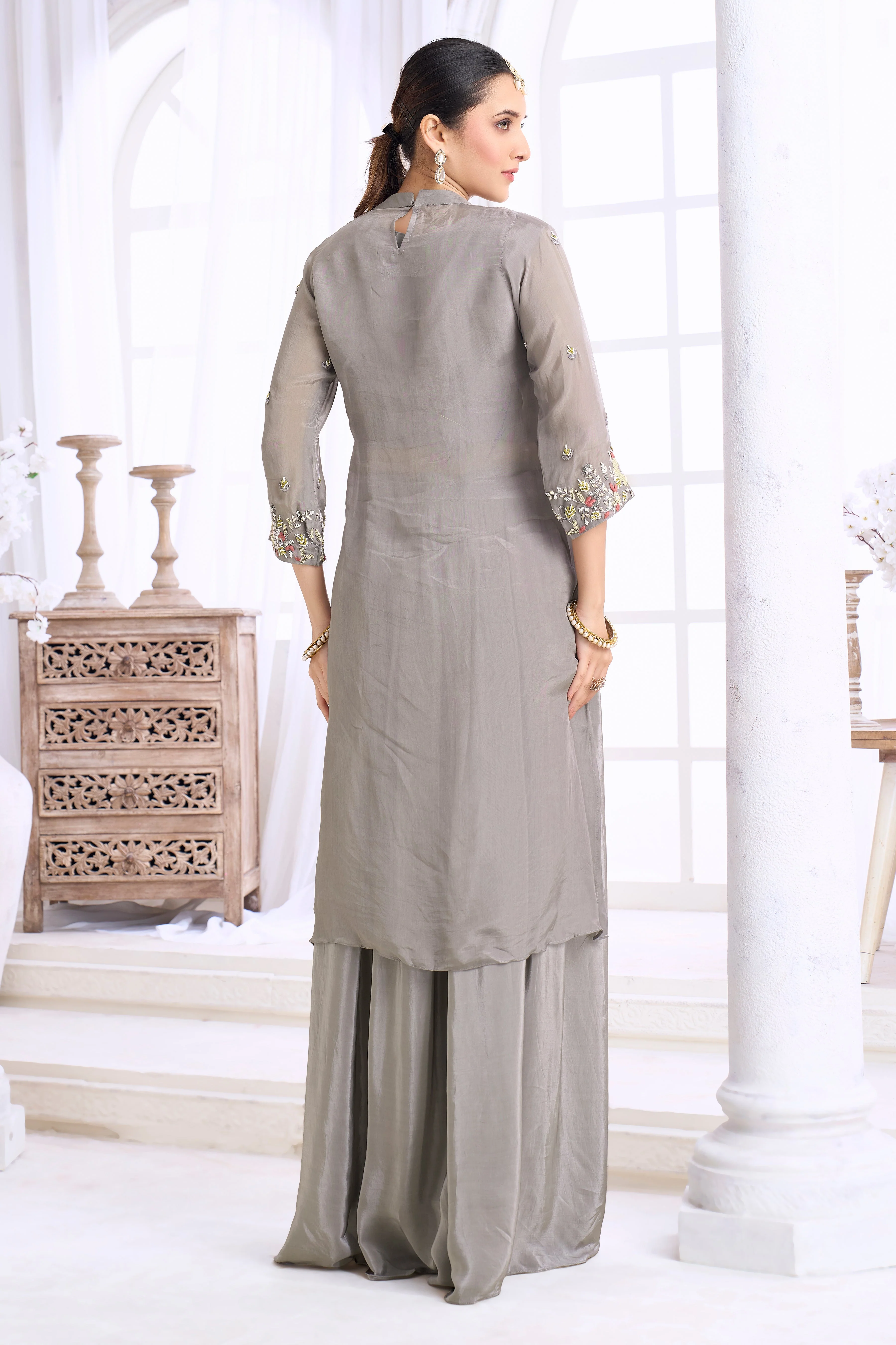 Stone Grey Embellished Crepe Silk Skirt Set - Image 4