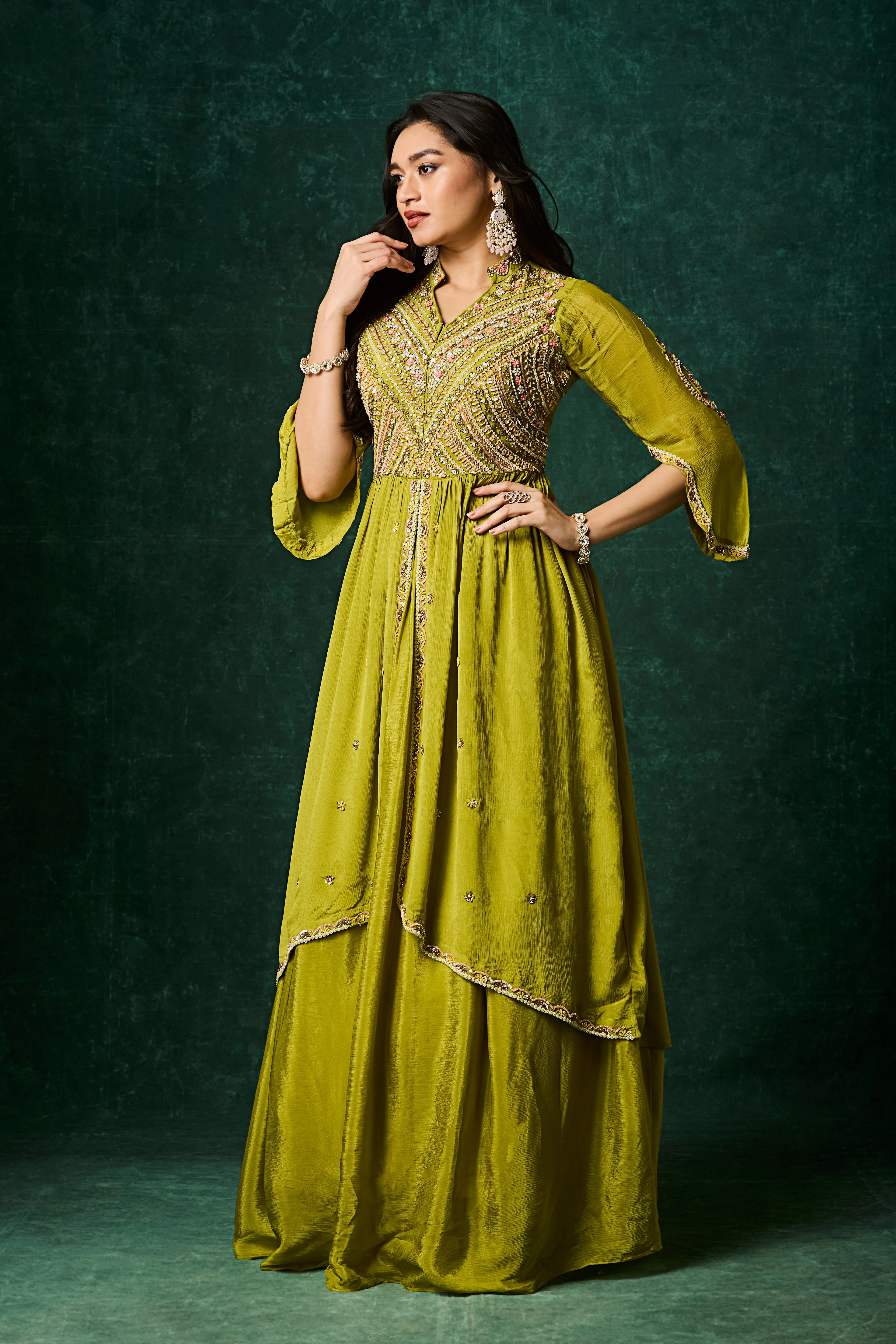 Pear Green Embellished Chinon Silk Skirt Set - Image 2