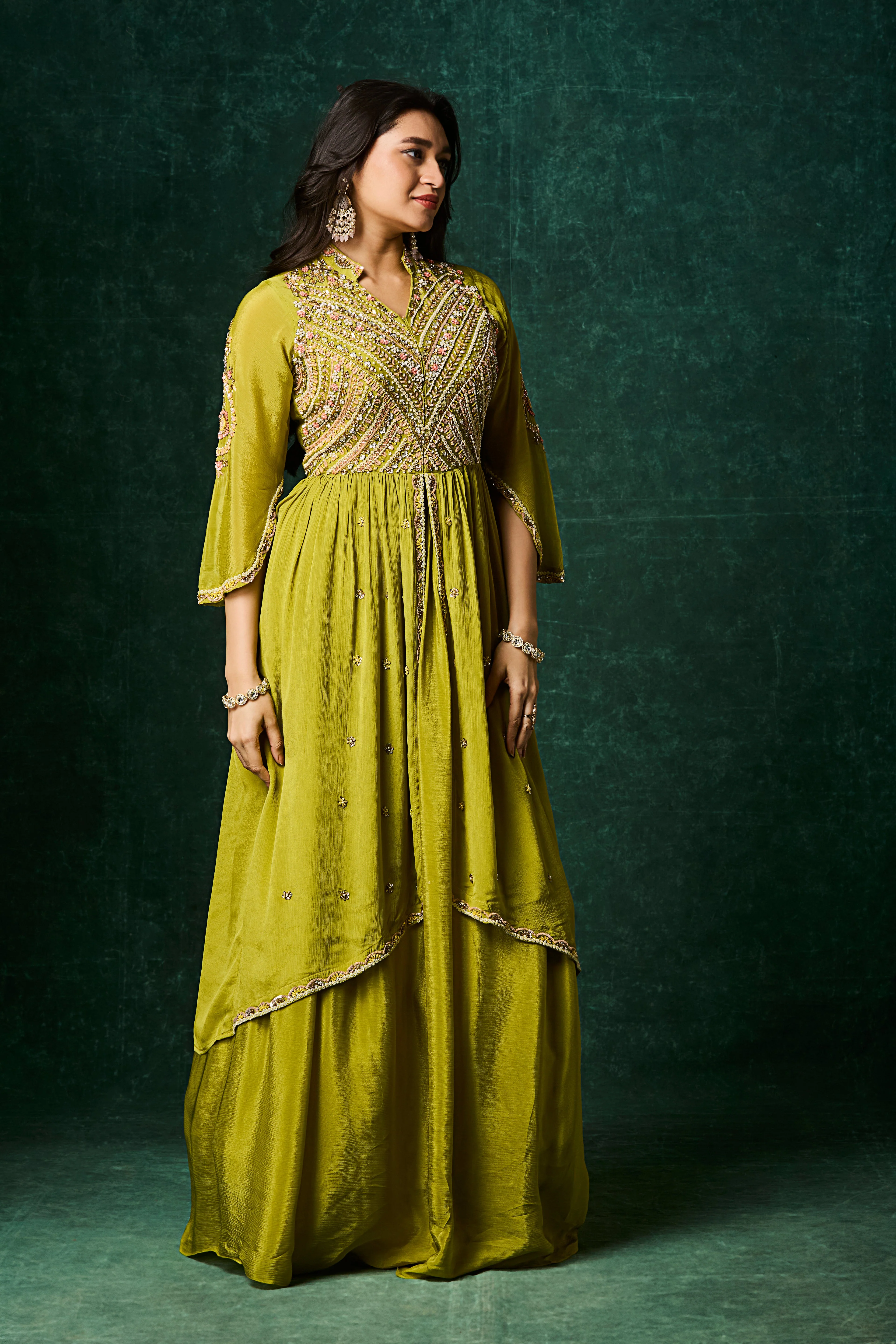 Pear Green Embellished Chinon Silk Skirt Set - Image 3