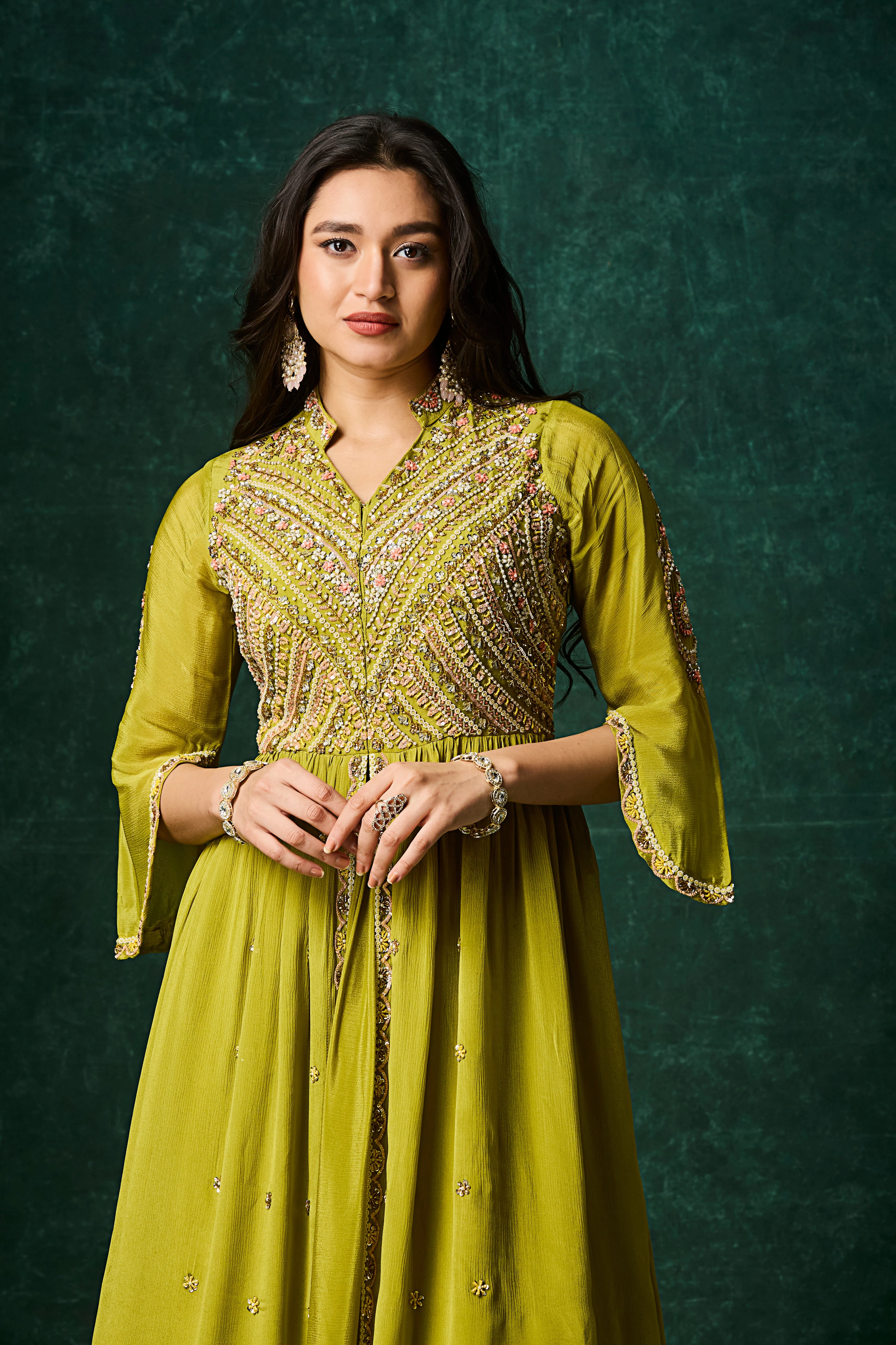 Pear Green Embellished Chinon Silk Skirt Set - Image 4