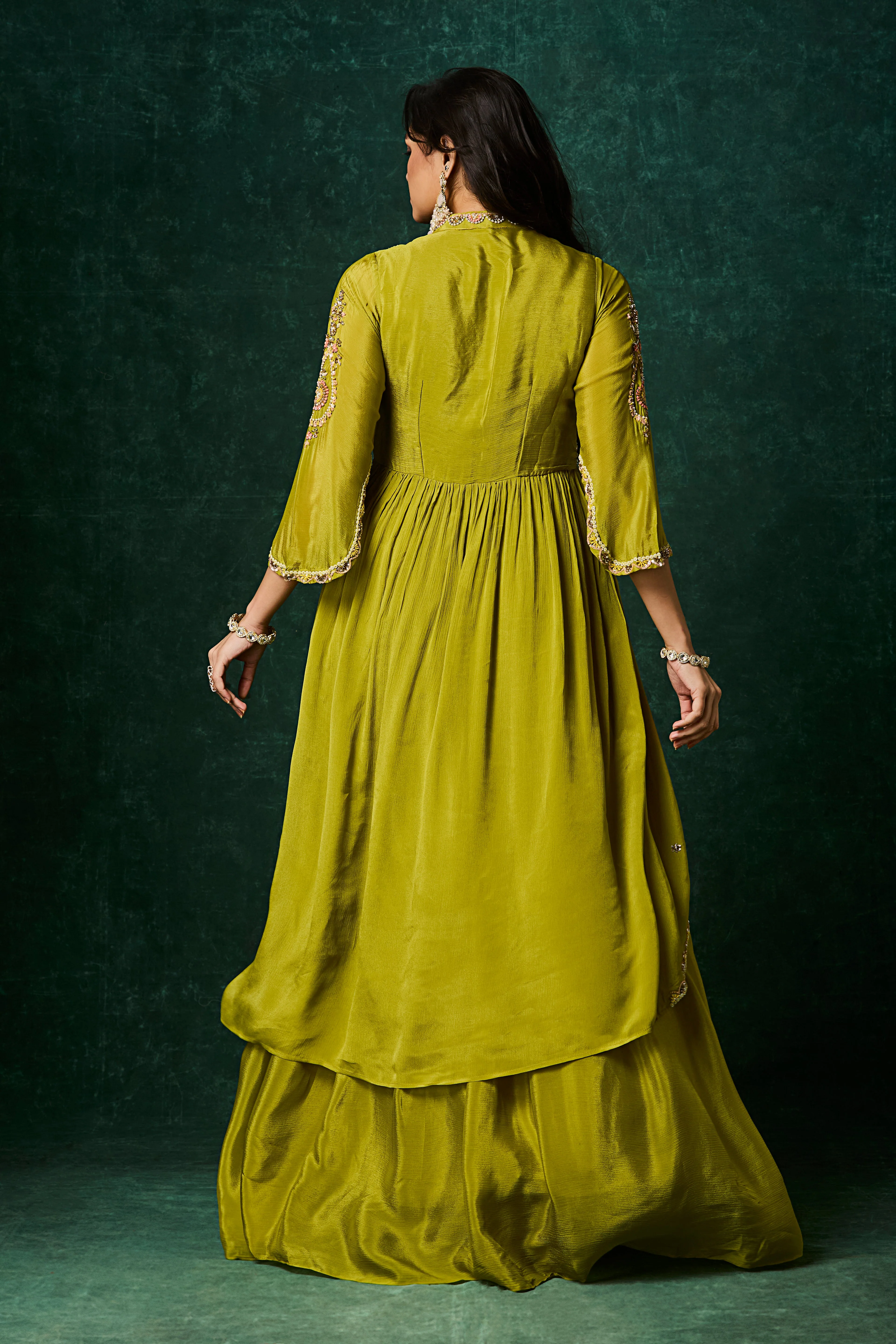 Pear Green Embellished Chinon Silk Skirt Set - Image 5