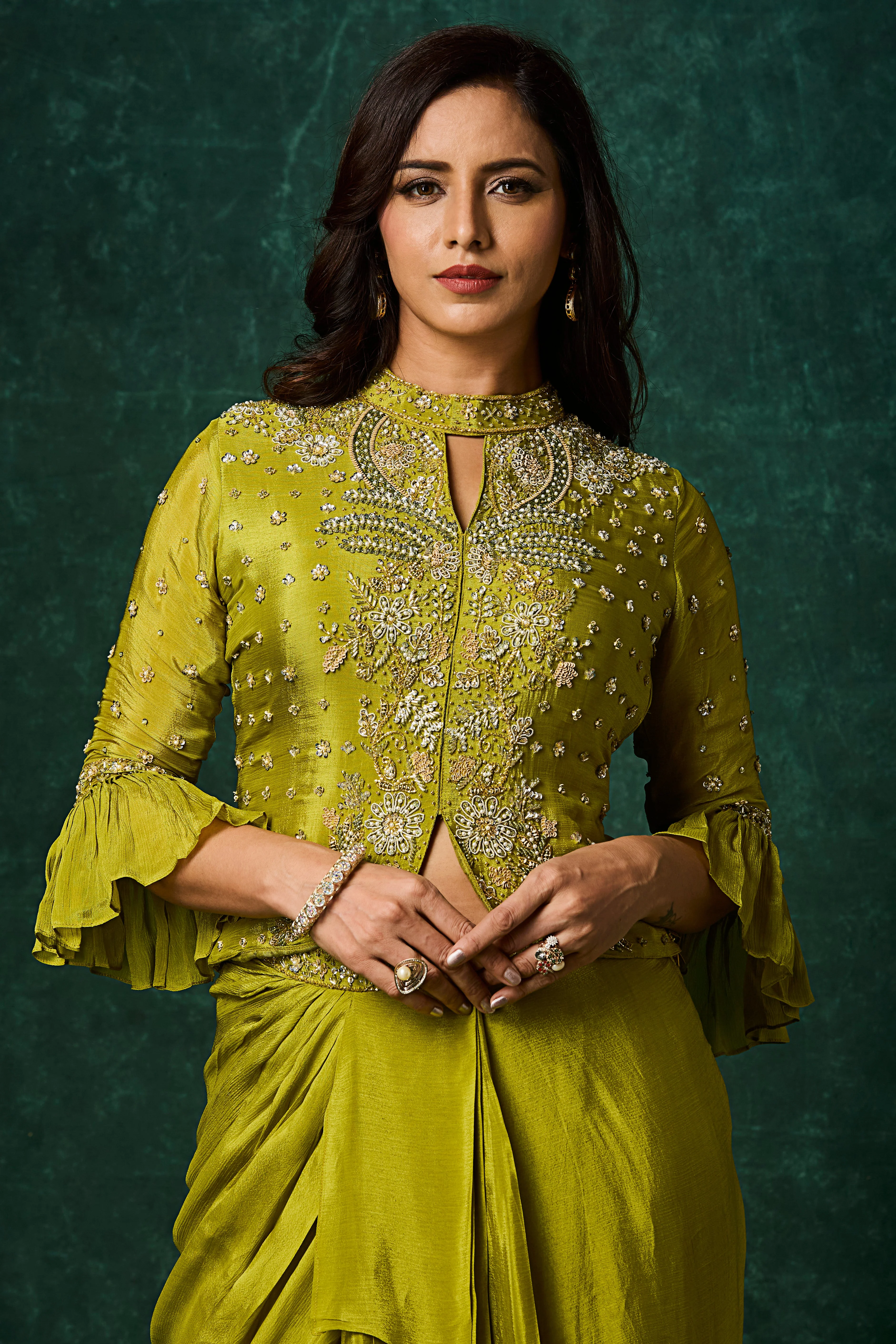 Zesty Lime Embellished Chinon Silk Skirt Set - Image 2