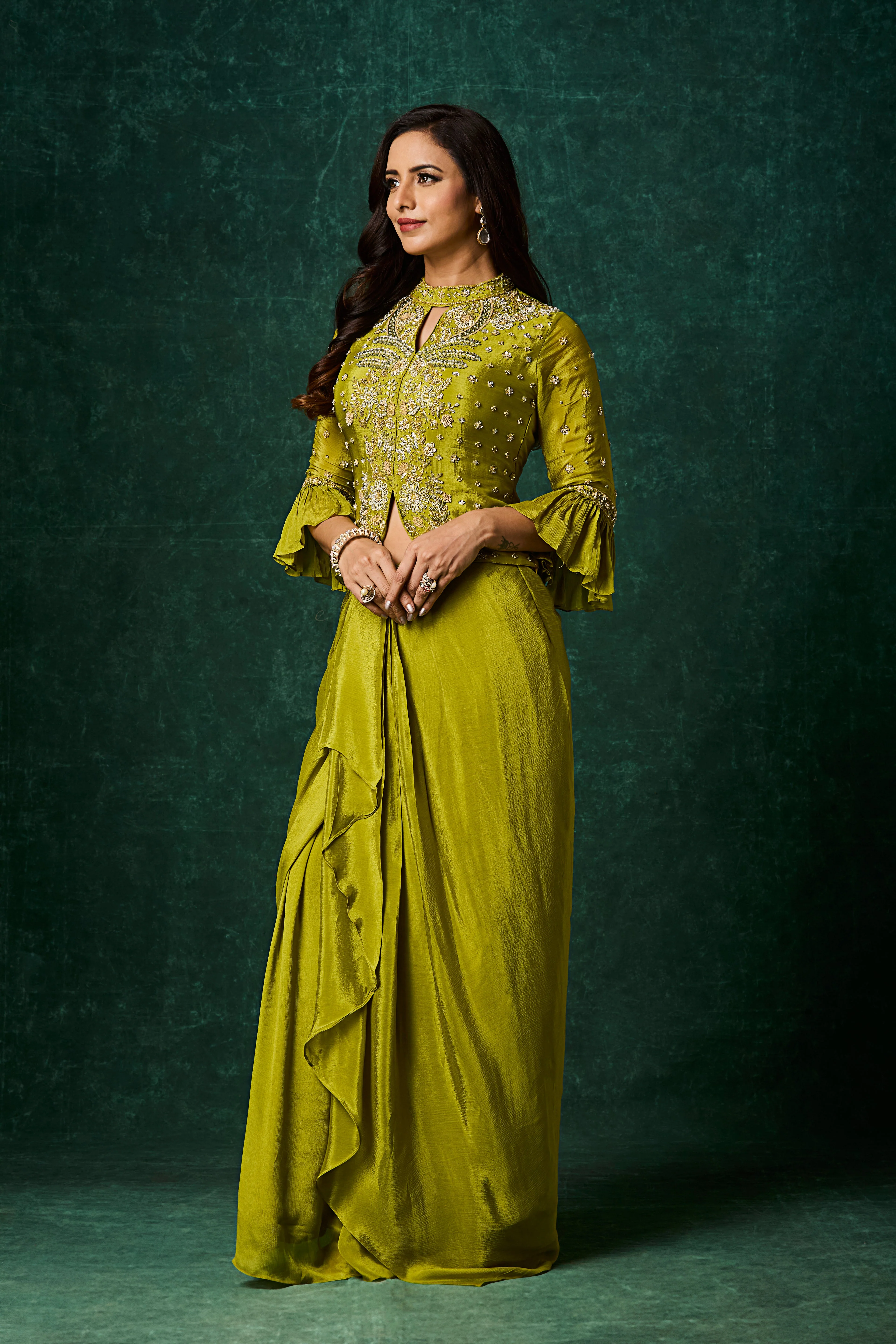 Zesty Lime Embellished Chinon Silk Skirt Set - Image 3