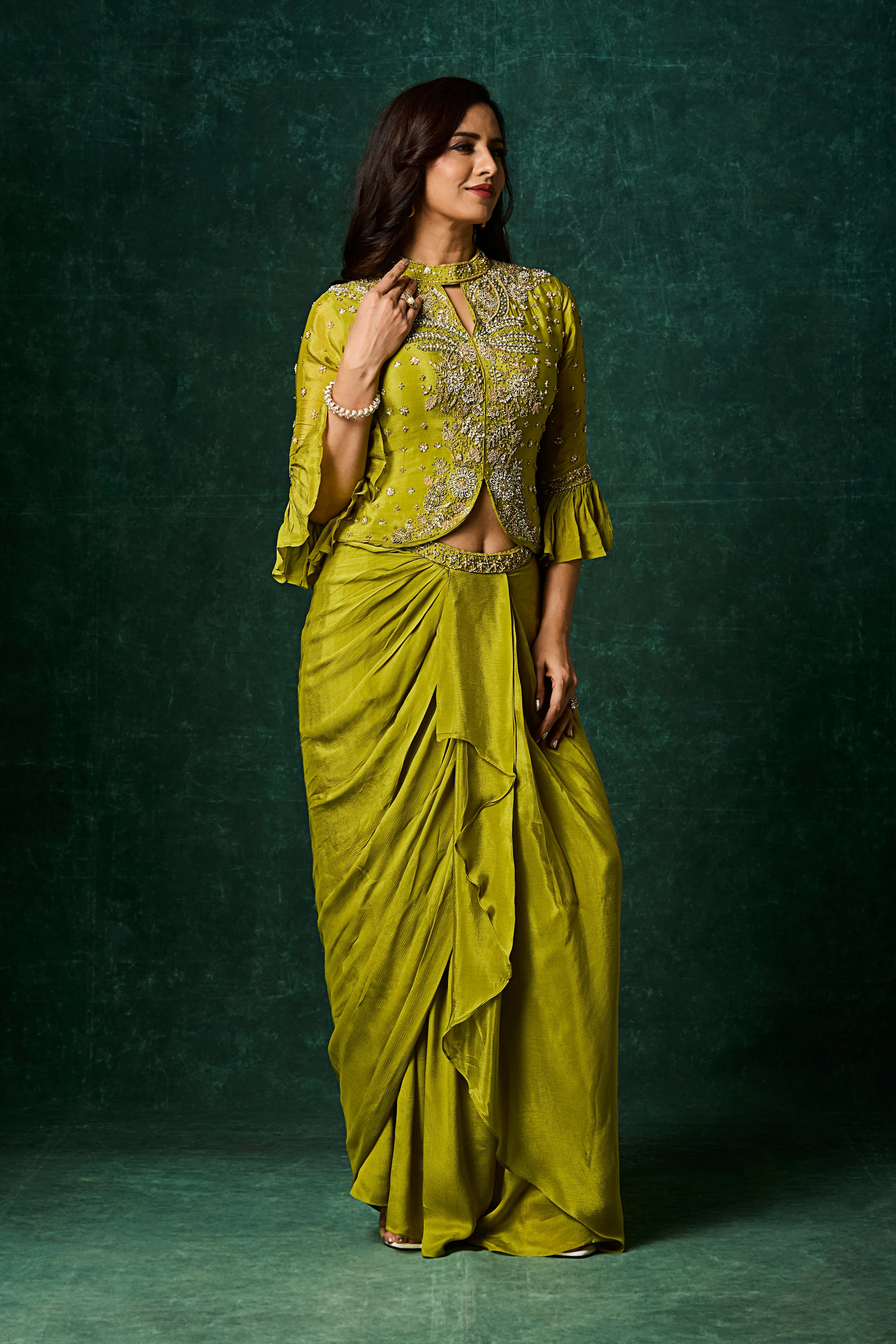 Zesty Lime Embellished Chinon Silk Skirt Set - Image 4