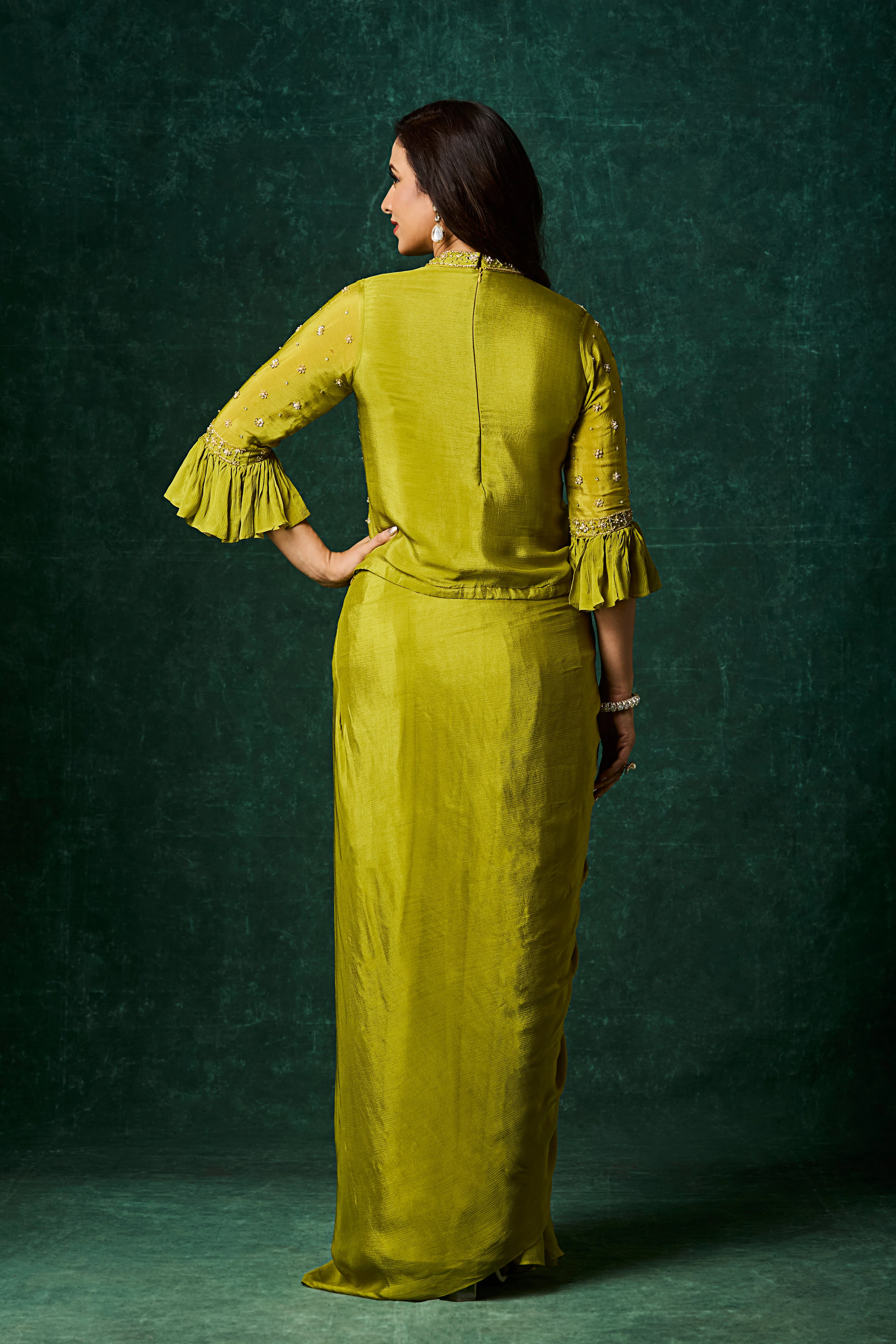 Zesty Lime Embellished Chinon Silk Skirt Set - Image 5