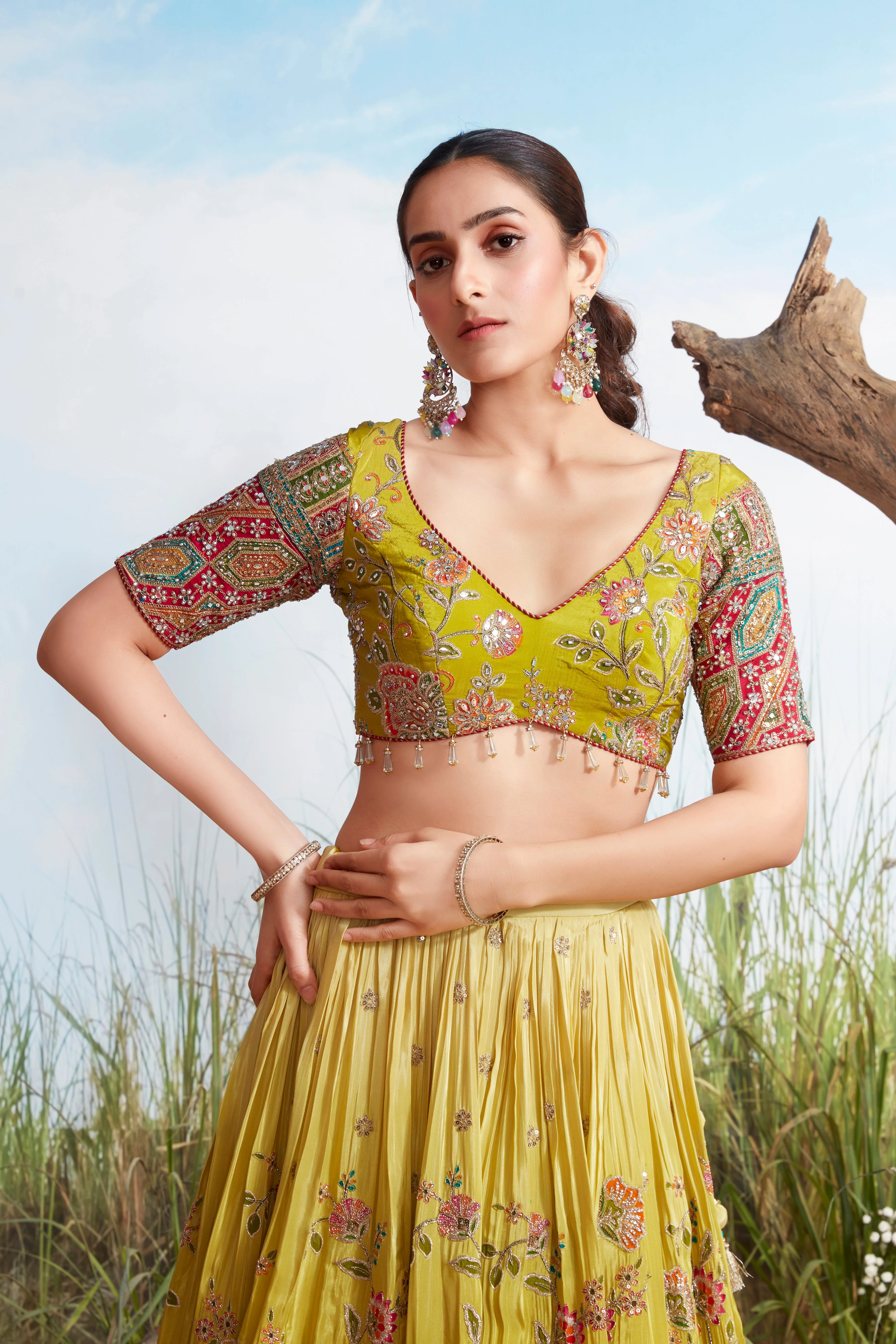 Zesty Lime Floral Premium Silk Lehenga Set - Image 2
