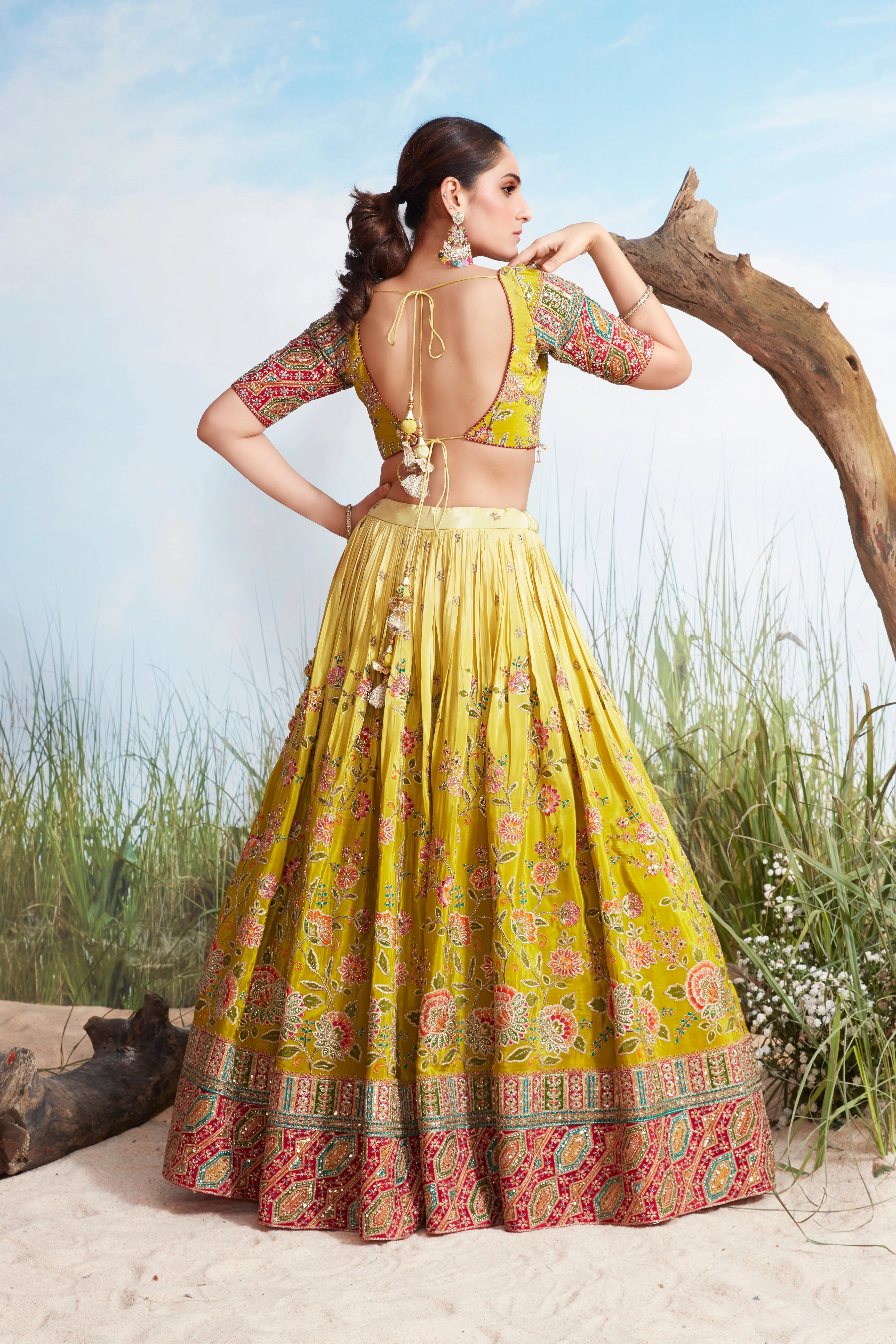 Zesty Lime Floral Premium Silk Lehenga Set - Image 3