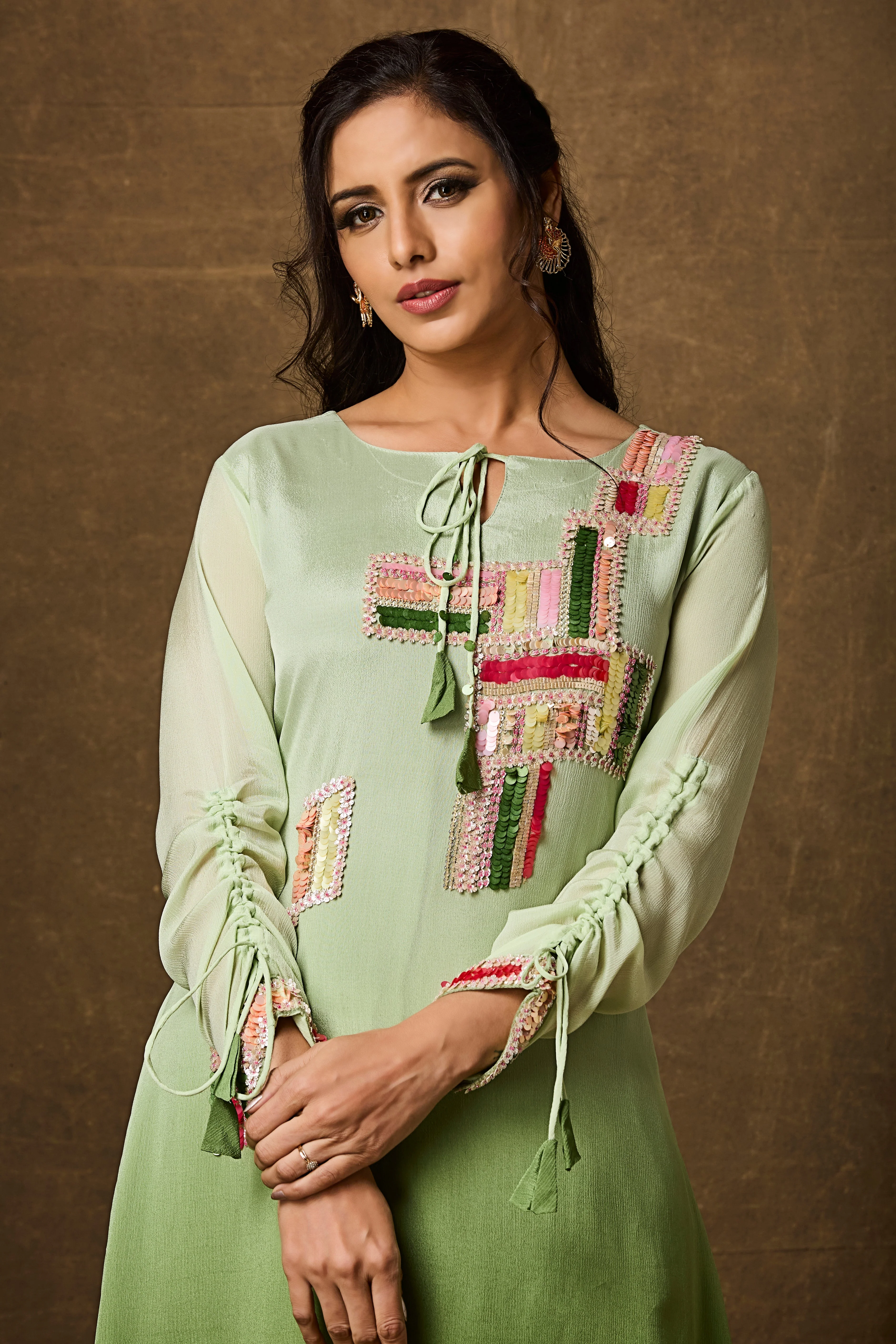 Lime Green Ombre Embellished Chinon Silk Kurta Set - Image 2