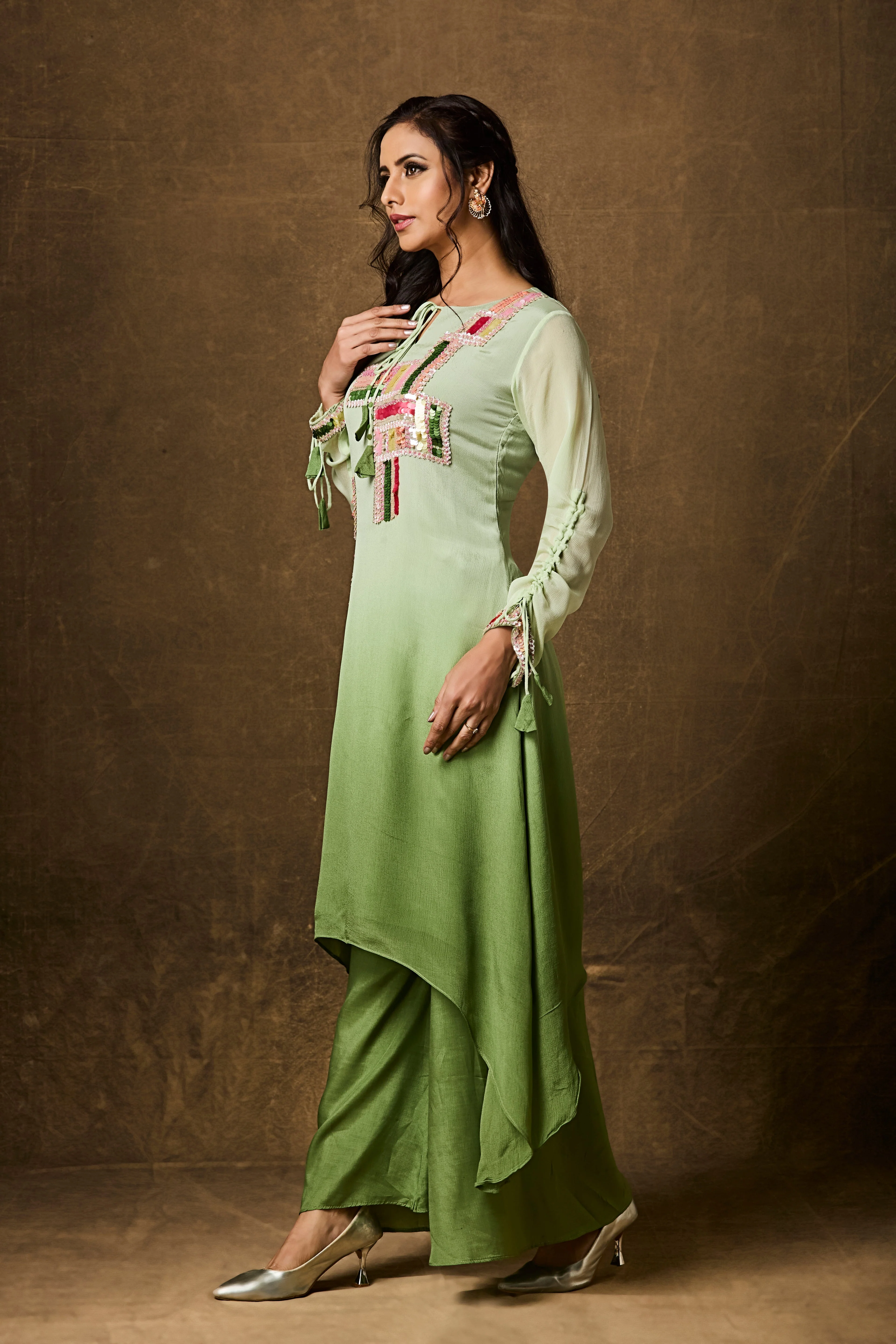 Lime Green Ombre Embellished Chinon Silk Kurta Set - Image 3