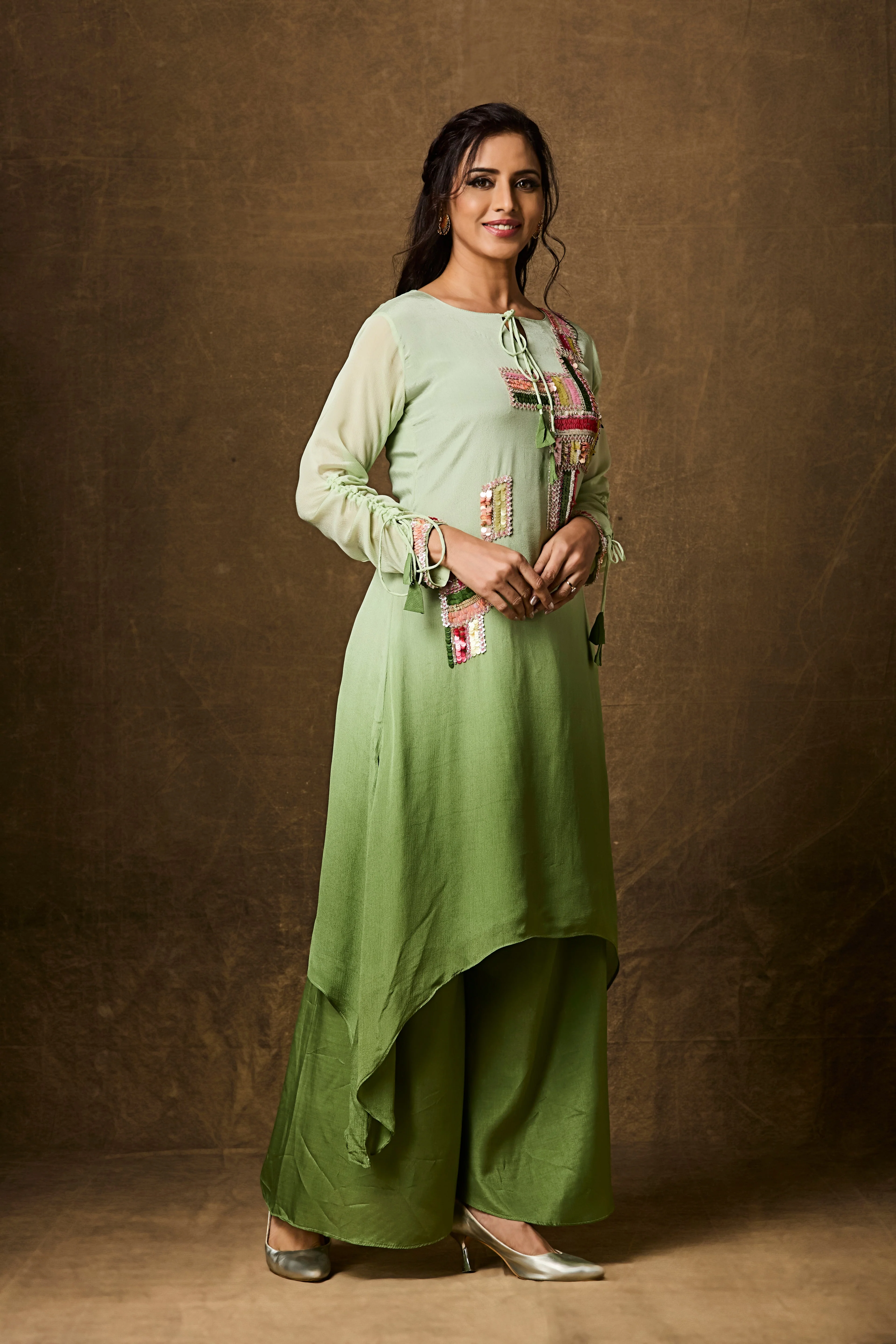 Lime Green Ombre Embellished Chinon Silk Kurta Set - Image 4