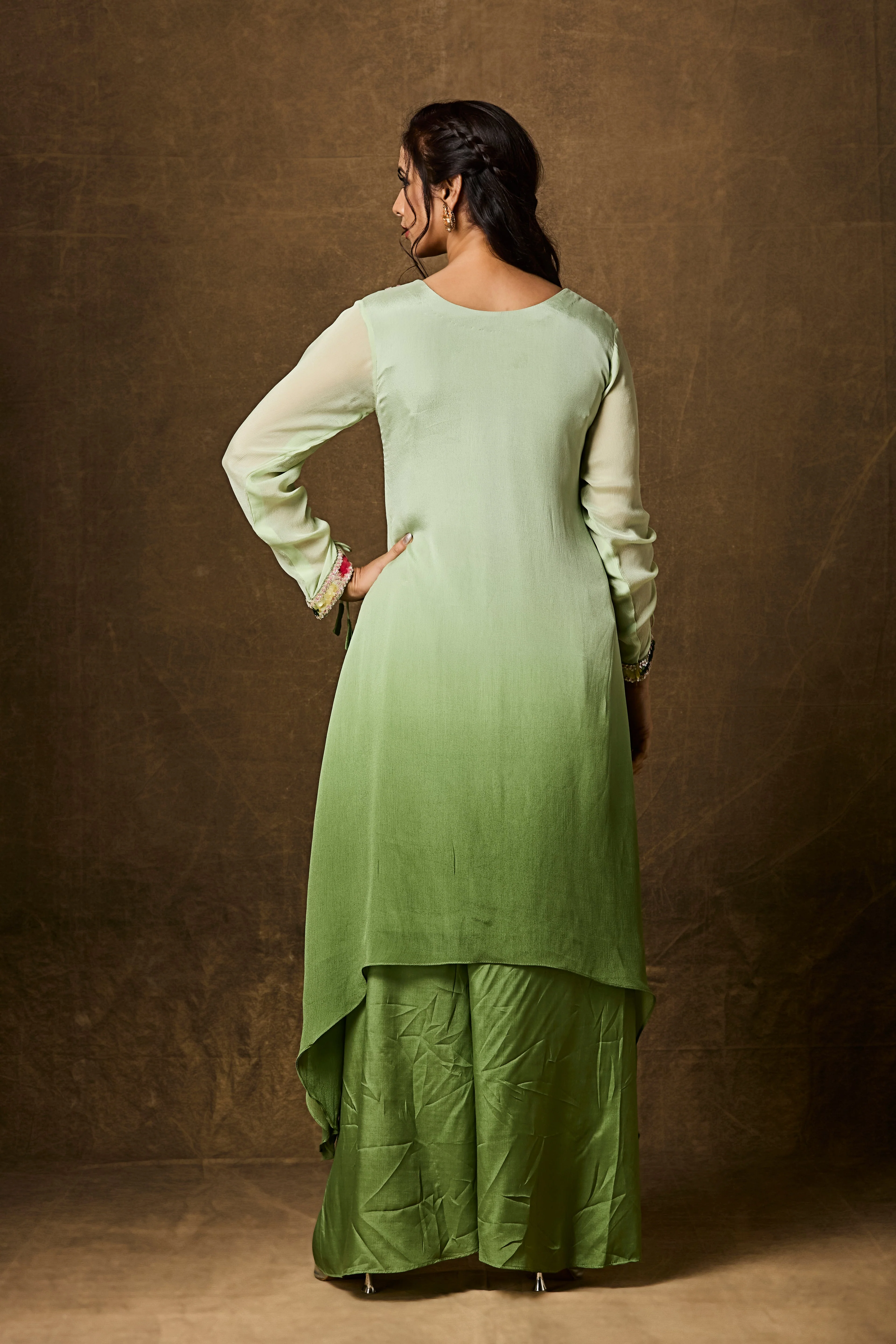 Lime Green Ombre Embellished Chinon Silk Kurta Set - Image 5