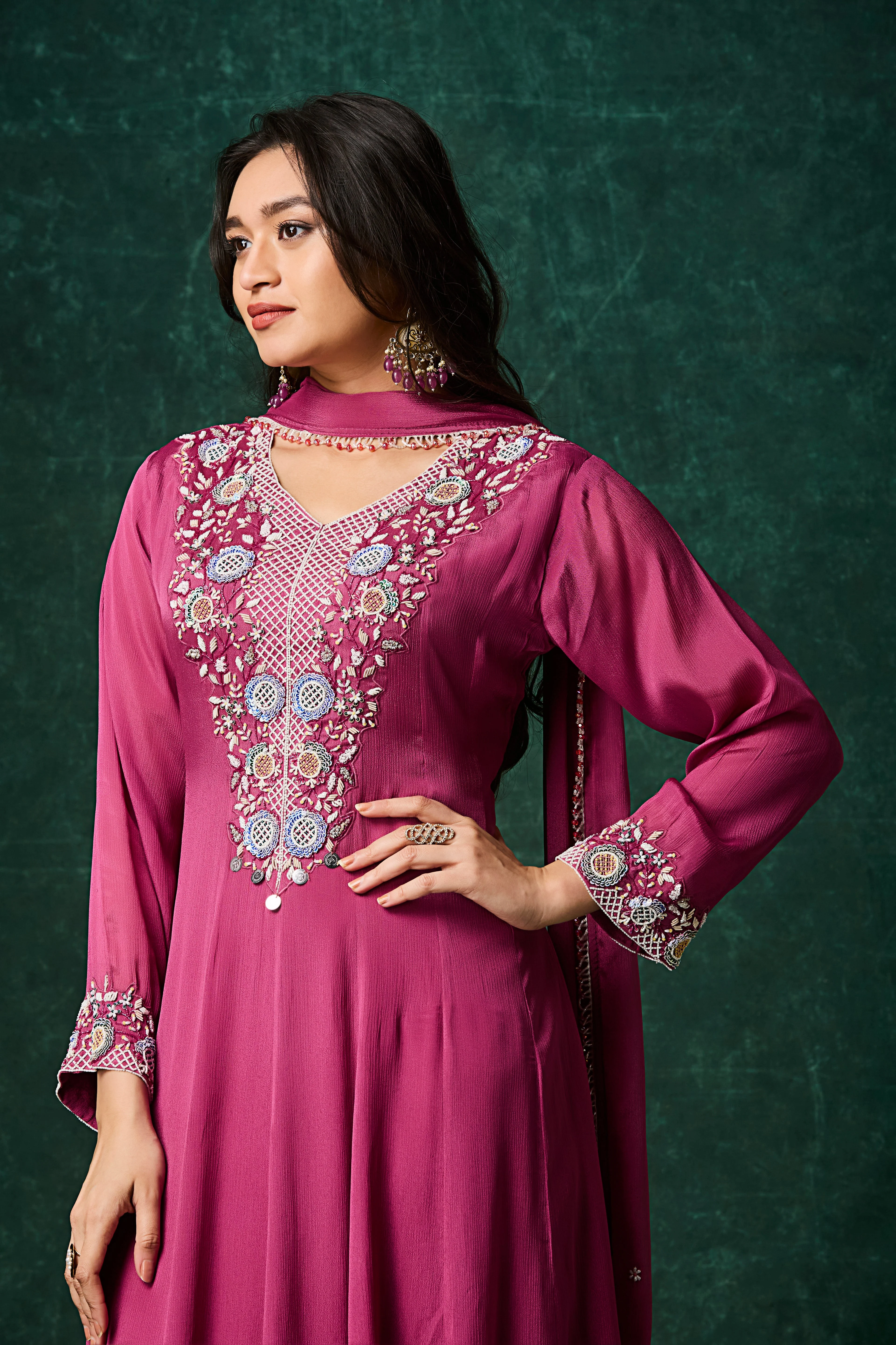 Pinkish Purple Embellished Chinon Silk Anarkali Set - Image 2