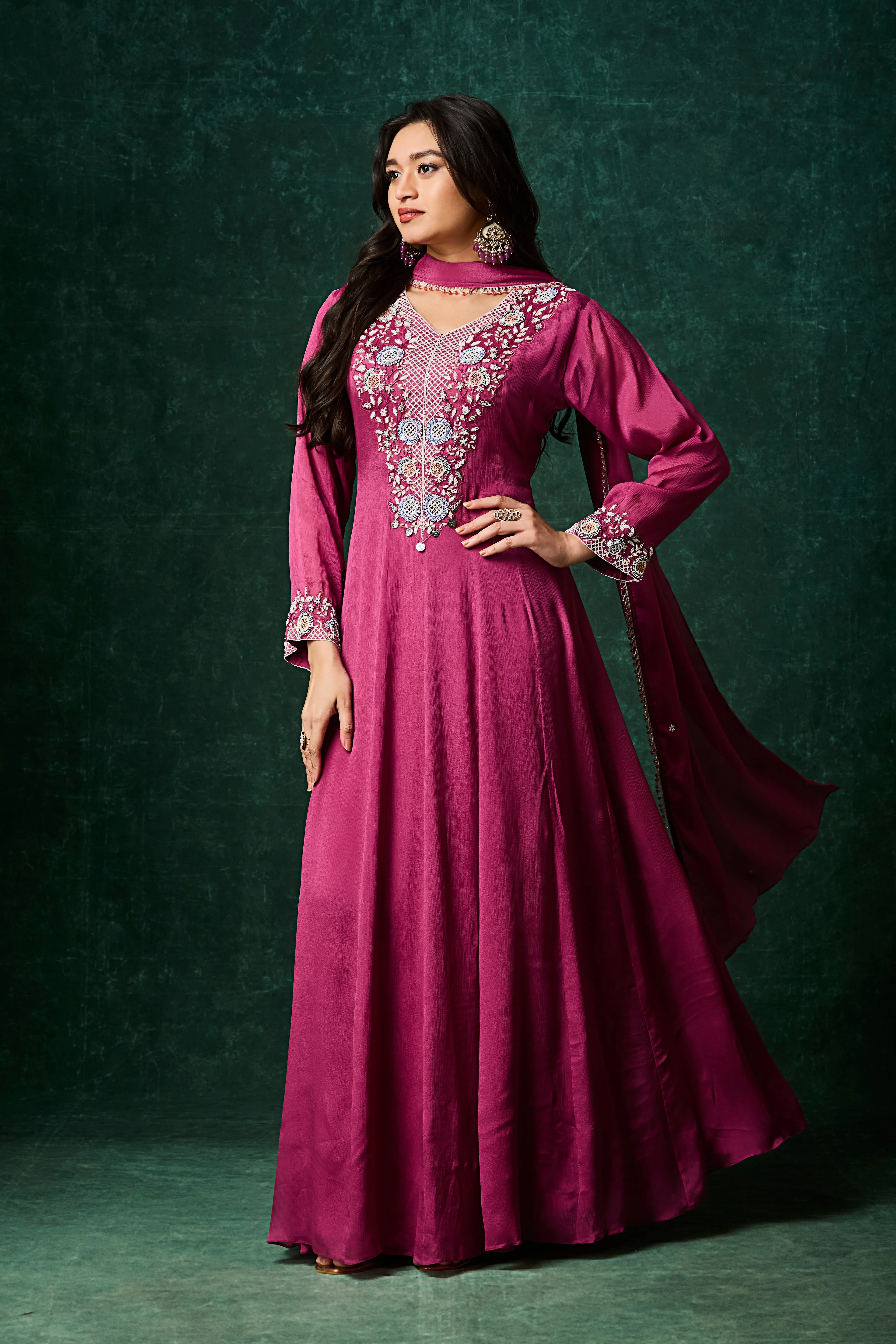Pinkish Purple Embellished Chinon Silk Anarkali Set - Image 3