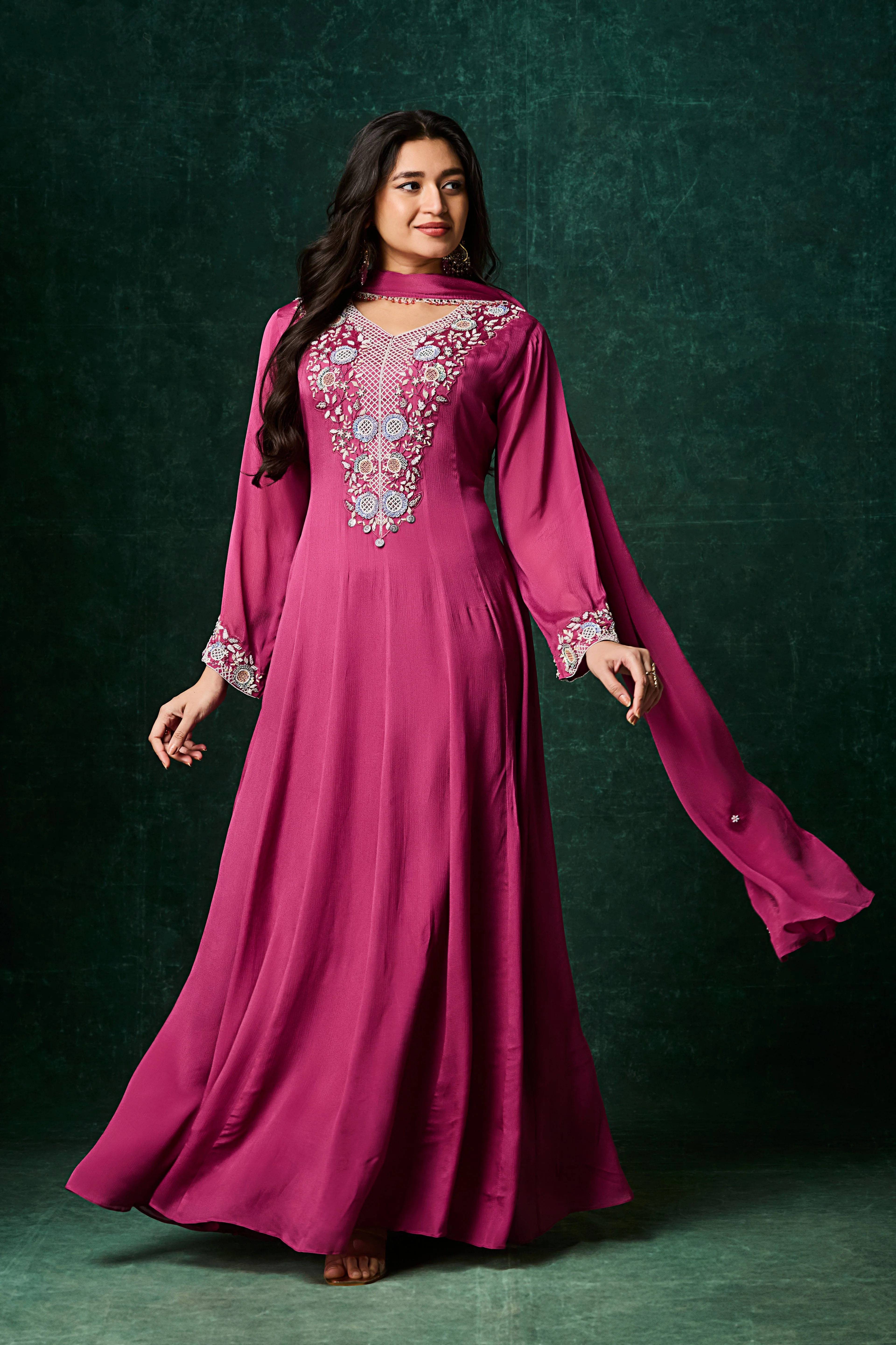Pinkish Purple Embellished Chinon Silk Anarkali Set - Image 4