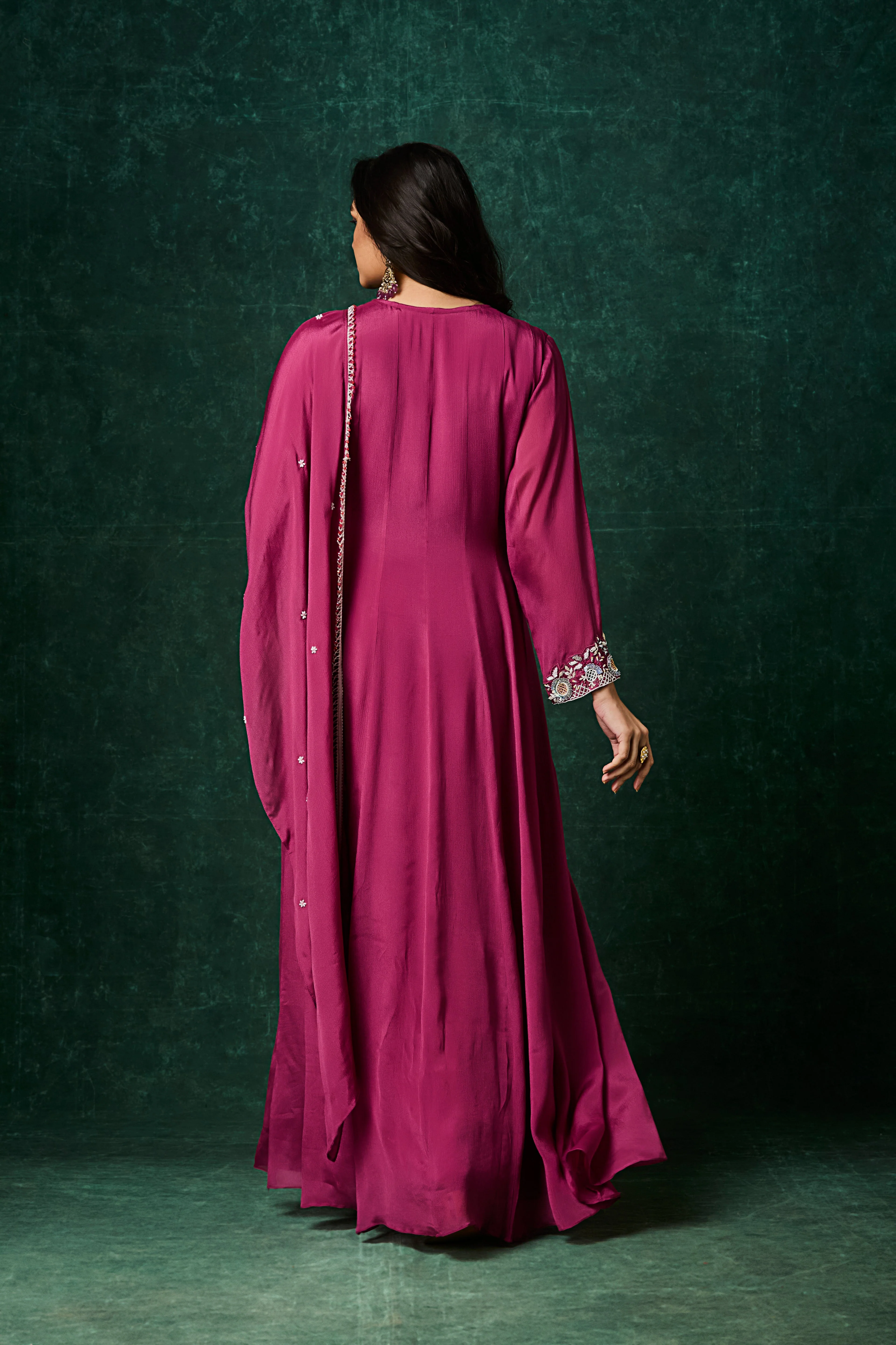 Pinkish Purple Embellished Chinon Silk Anarkali Set - Image 5